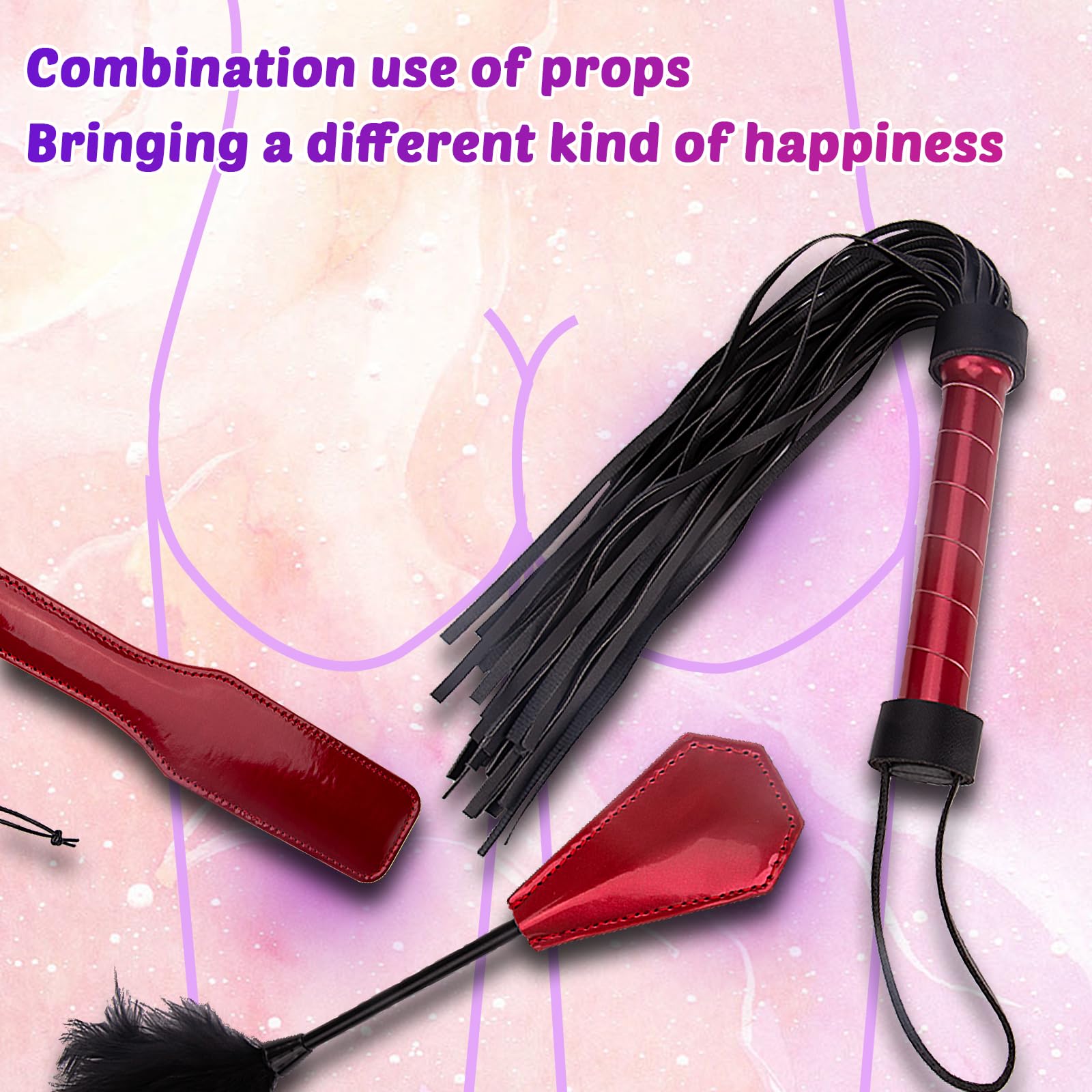 4-Piece BDSM Training Kit - Sex Whip, Paddle, Feather Flogger & Nipple Clips for Couples Role Play - Sensual Red Rose Design - Perfect for Spicing Up Bedroom Play & BDSM Exploration
