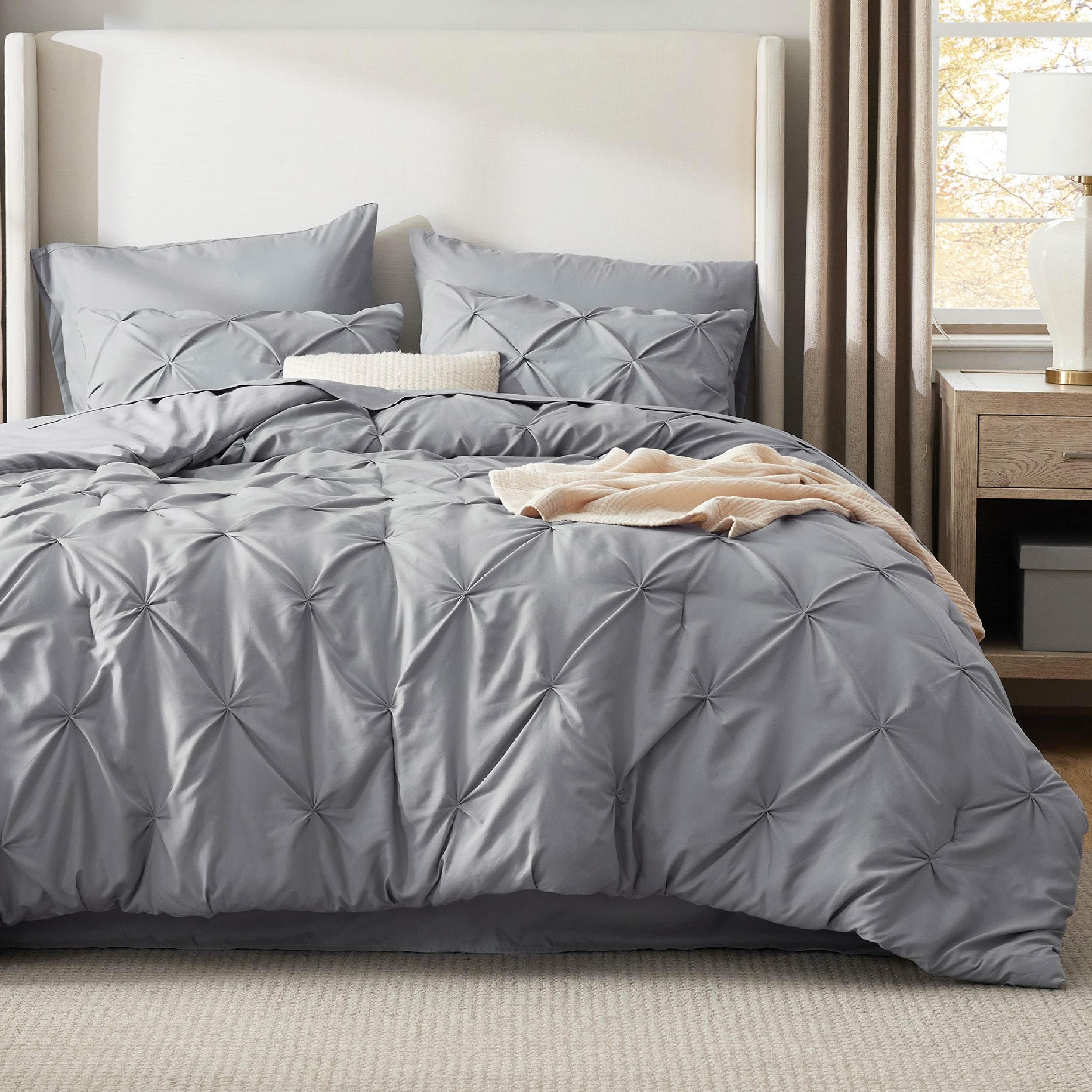 Bedsure King Size Comforter Set - 7 Piece Pintuck Bedding Set with Comforter, Sheets, Pillowcases & Shams in Grey | Luxury Bed in a Bag for Master Bedroom & Guest Room Decor