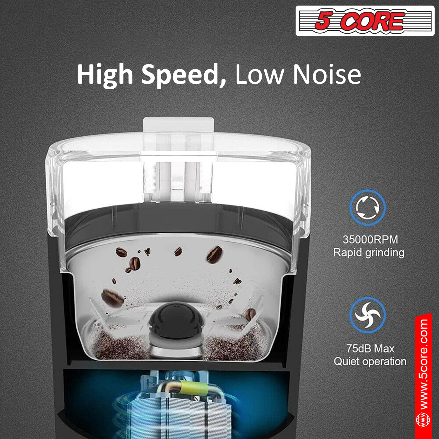Premium 5-Core Electric Coffee Grinder - 150W, 85g/3oz Capacity, One-Touch Operation - Stainless Steel Blades for Beans & Spices - Black & Brown (Perfect for Home Kitchens, Coffee Shops & Office Break Rooms)