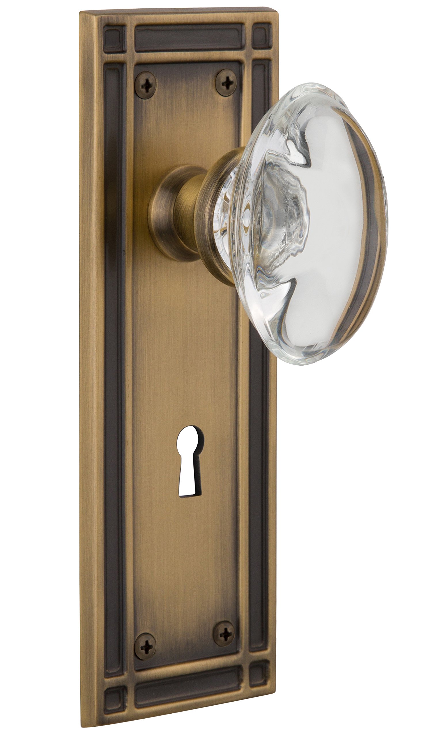 Antique Brass Mission Plate with Keyhole & Oval Clear Crystal Glass Knob - Nostalgic Warehouse 716166 Double Dummy - Perfect for Vintage Cabinets, Dressers, and Home Restoration Projects