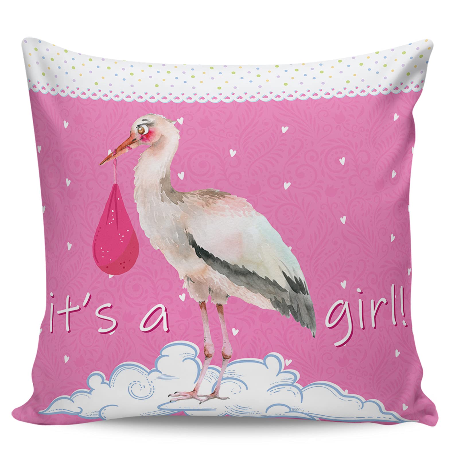 ARTSHOWING 18x18 Inch Watercolor White Stork Throw Pillow Covers - Decorative Cushion Covers for Sofa, Couch & Chair - Durable Cotton Pillow Cases for Nursery, Baby Shower & Home Decor - Perfect for Girls' Room & Gender Reveal Parties