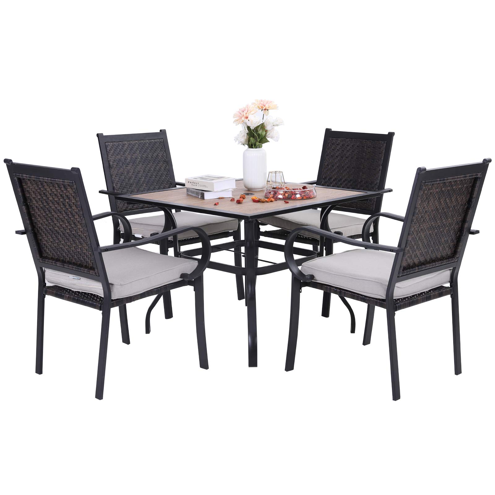 Sophia & William 5-Piece Outdoor Dining Set - Weather-Resistant Wicker Patio Furniture with Umbrella Table & 4 Cushioned Rattan Chairs for Garden, Backyard, Lawn or Poolside Dining