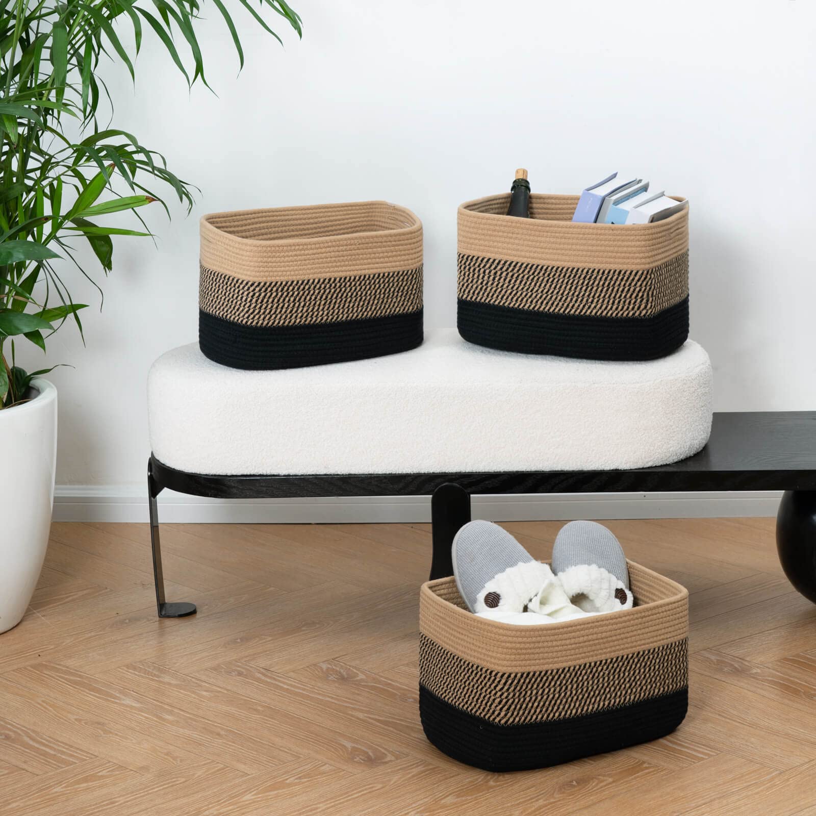 Goodpick Woven Rope Storage Baskets Set of 3 - Organizer Bins for Books, Toys, Towels | Shelf, Closet & Nursery Organization | Decorative Medium Cube Baskets in Black | Perfect for Home, Office & Kids Room Storage