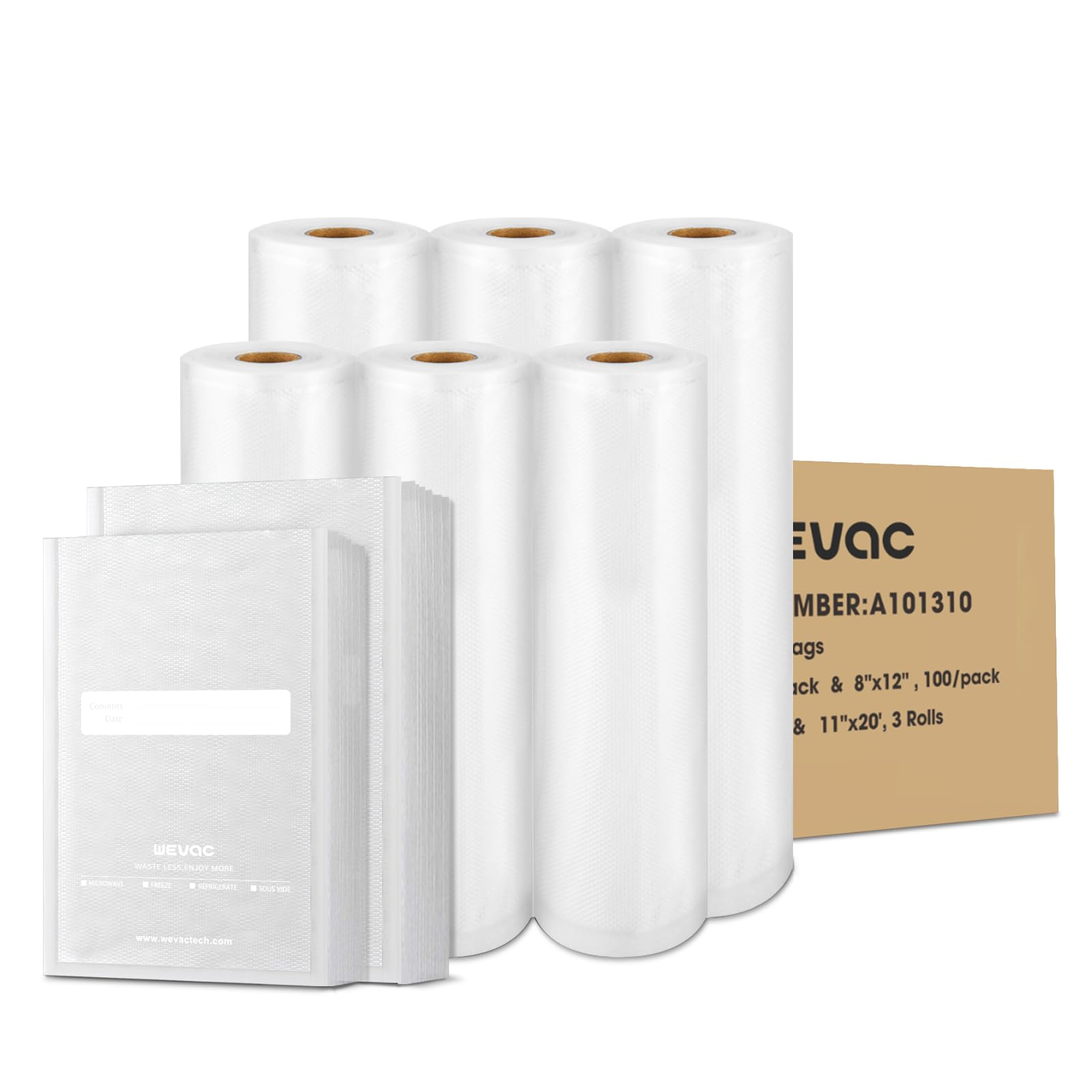Premium Vacuum Sealer Bags & Rolls - 100pcs 6x10 inch, 100pcs 8x12 inch, 3 Rolls 11x20 ft, 3 Rolls 8x20 ft - Heavy Duty Commercial Grade Food Storage Bags for Sous Vide, Meal Prep, Freezer Storage & Long Term Food Preservation - Wevac Brand