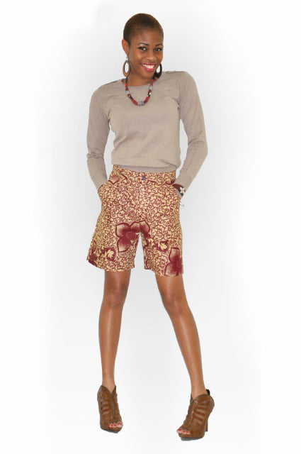 Stylish Beige and Wine African Print Shorts for Women - Comfortable & Trendy Summer Casual Wear - Perfect for Beach, Vacation, and Everyday Outfits