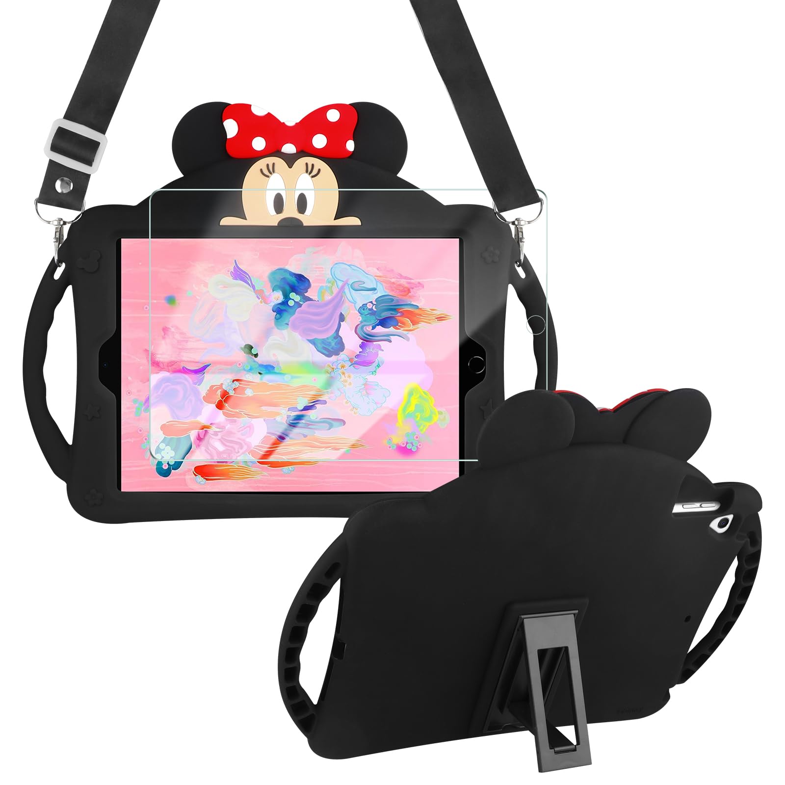 WESADN Cute Black Silicone Case Cover for iPad 6th/5th Generation & iPad Air 2 (9.7 inch) - Shockproof Protective Case with Built-in Kickstand, Shoulder Strap & Screen Protector for Girls & Kids - Perfect for School, Travel & Daily Use