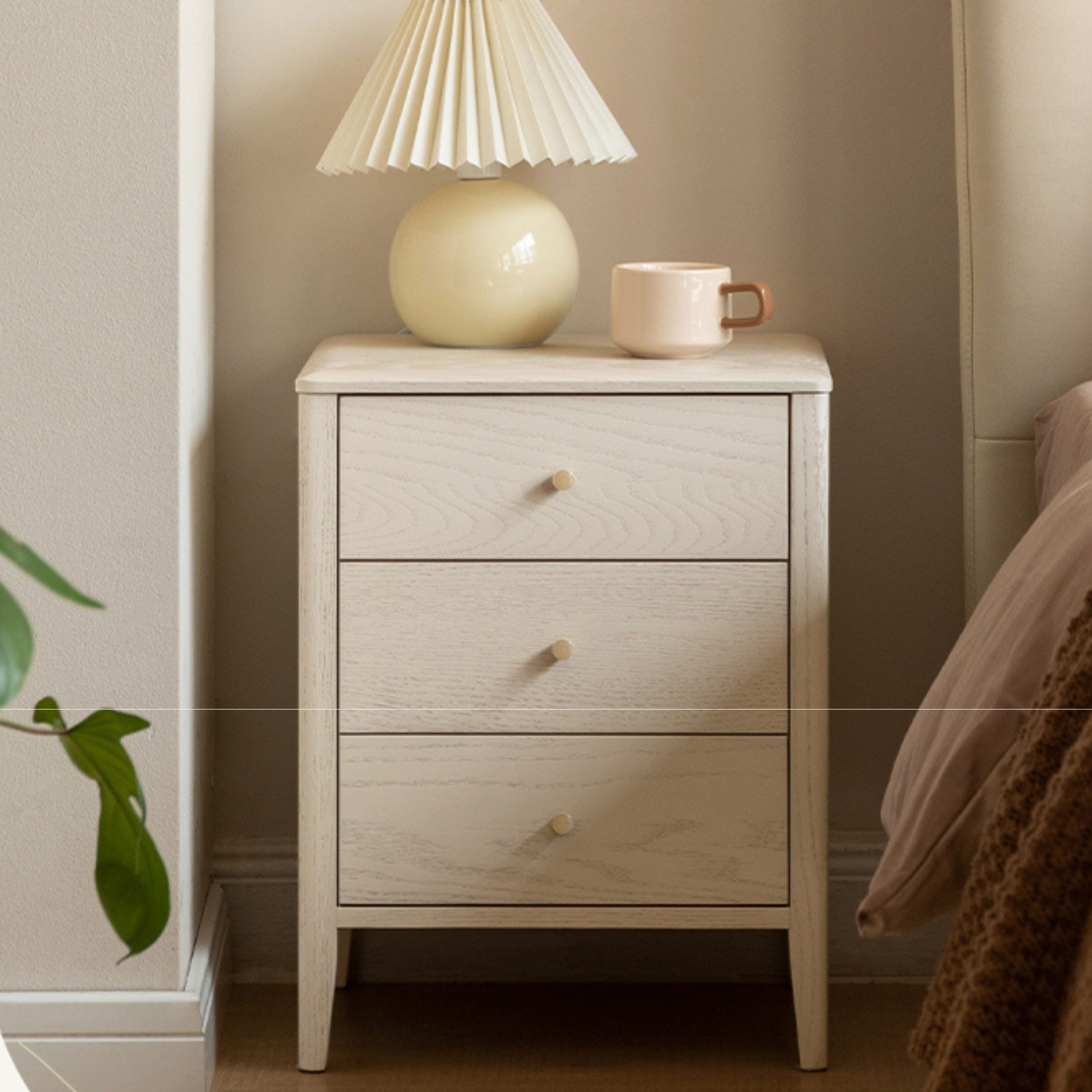 Solid Oak Wood Nightstand - Cream Finish, Modern Bedside Table for Bedroom, Living Room, or Nursery Furniture