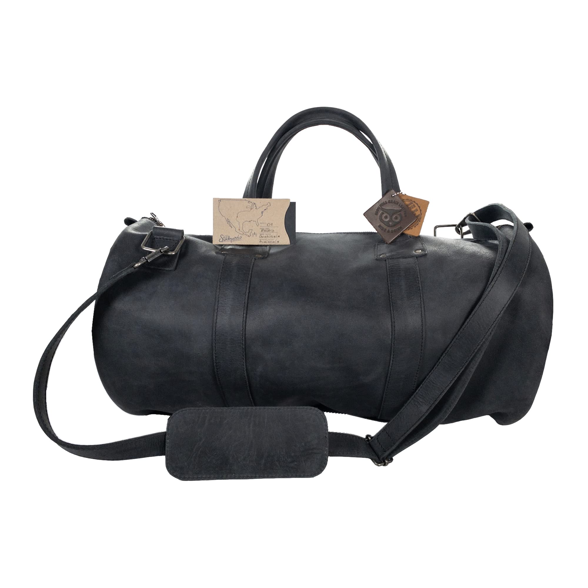 Premium Full Grain Leather Luggage Duffle Bag with Detachable Shoulder Strap - Handmade Travel & Messenger Bag with Inner Keyring Holder (Charcoal Black) - Perfect for Business Trips, Gym & Weekend Getaways