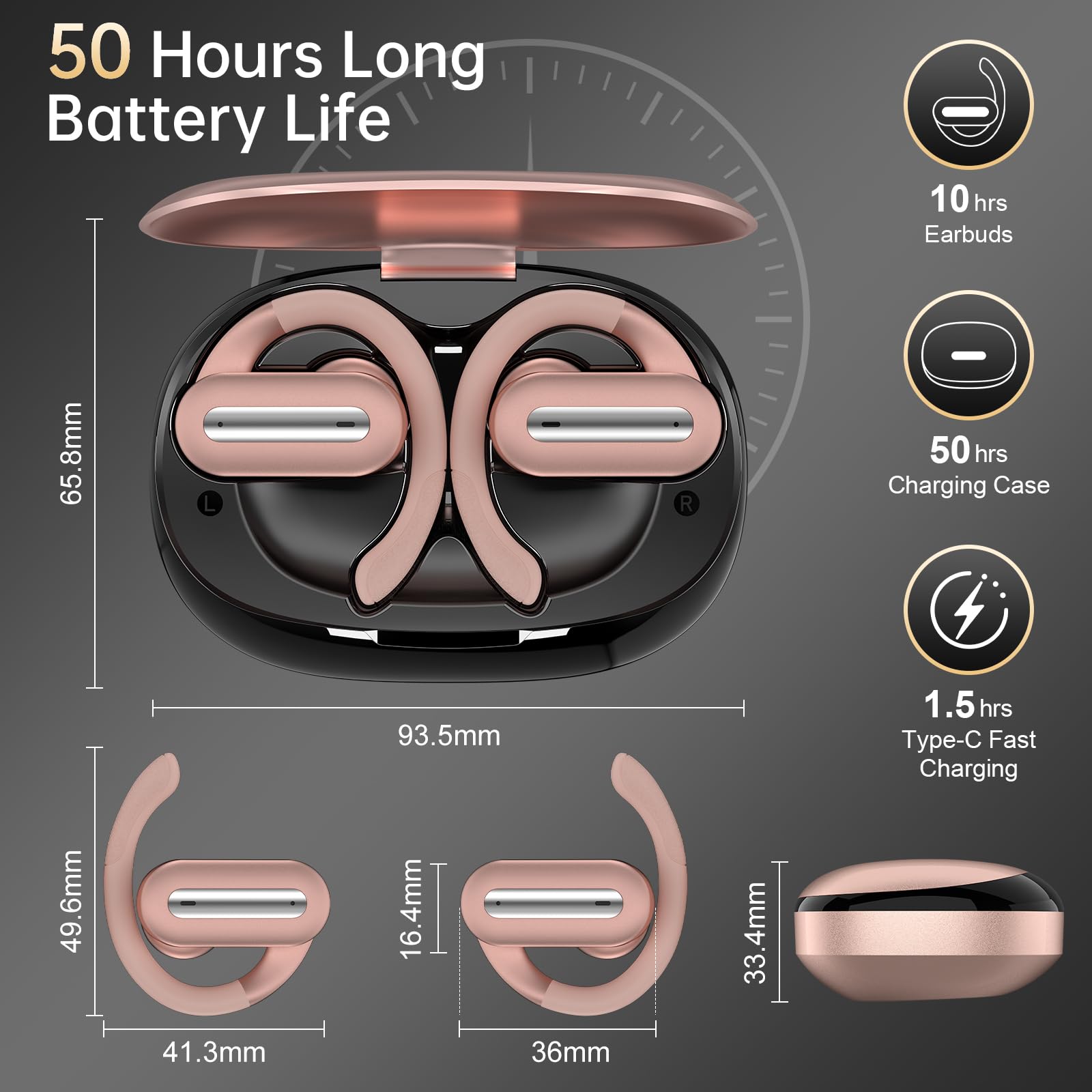 Wireless Bluetooth 5.4 Earbuds with Ear Hooks, ENC Noise Cancelling Mic - Rose Gold Sports Headphones for Running, Gym Workouts & Phone Calls | Compatible with iPhone, Android, Laptop & Tablet