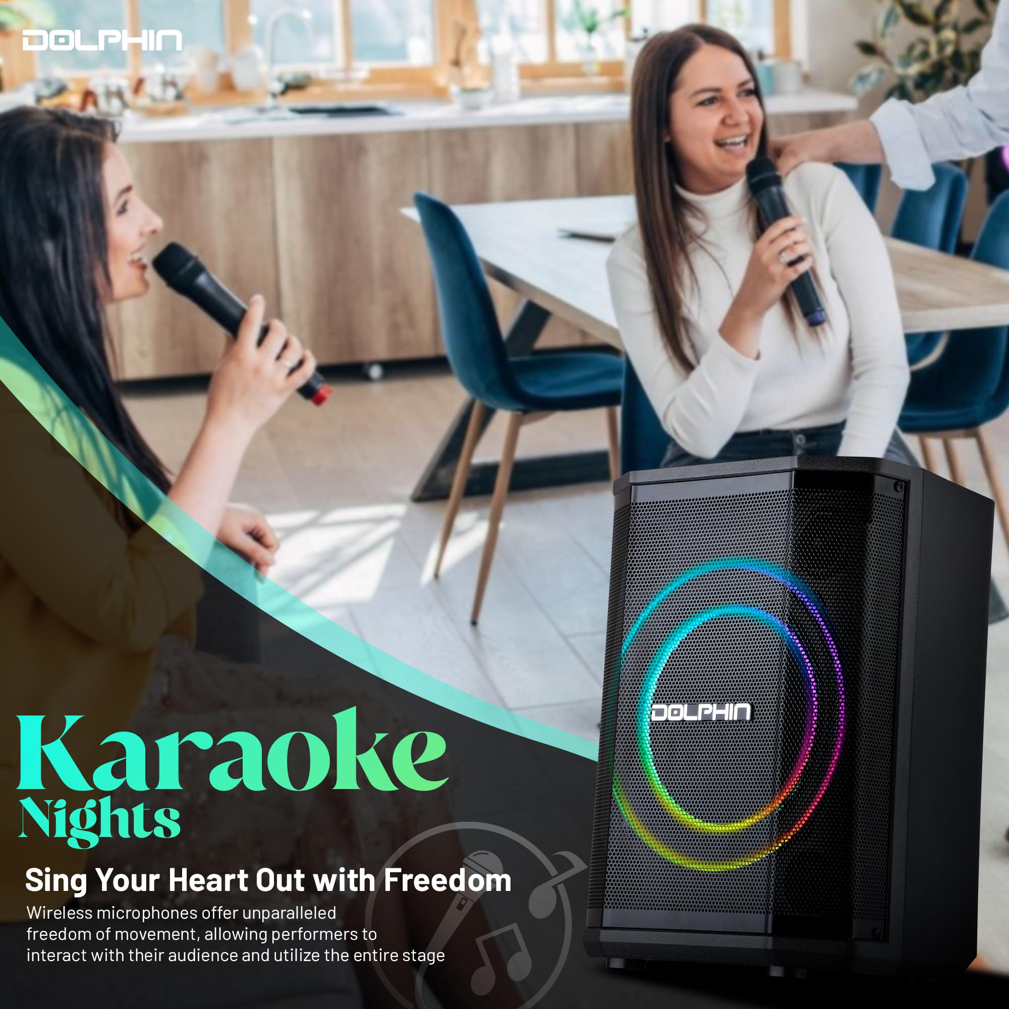 Dolphin Rechargeable Portable Bluetooth Speaker with 3D LED Ring Light, TWS Pairing, Wireless Mic & Multiple Playback Modes - Perfect for Parties, Karaoke, Outdoor Events & On-The-Go Entertainment