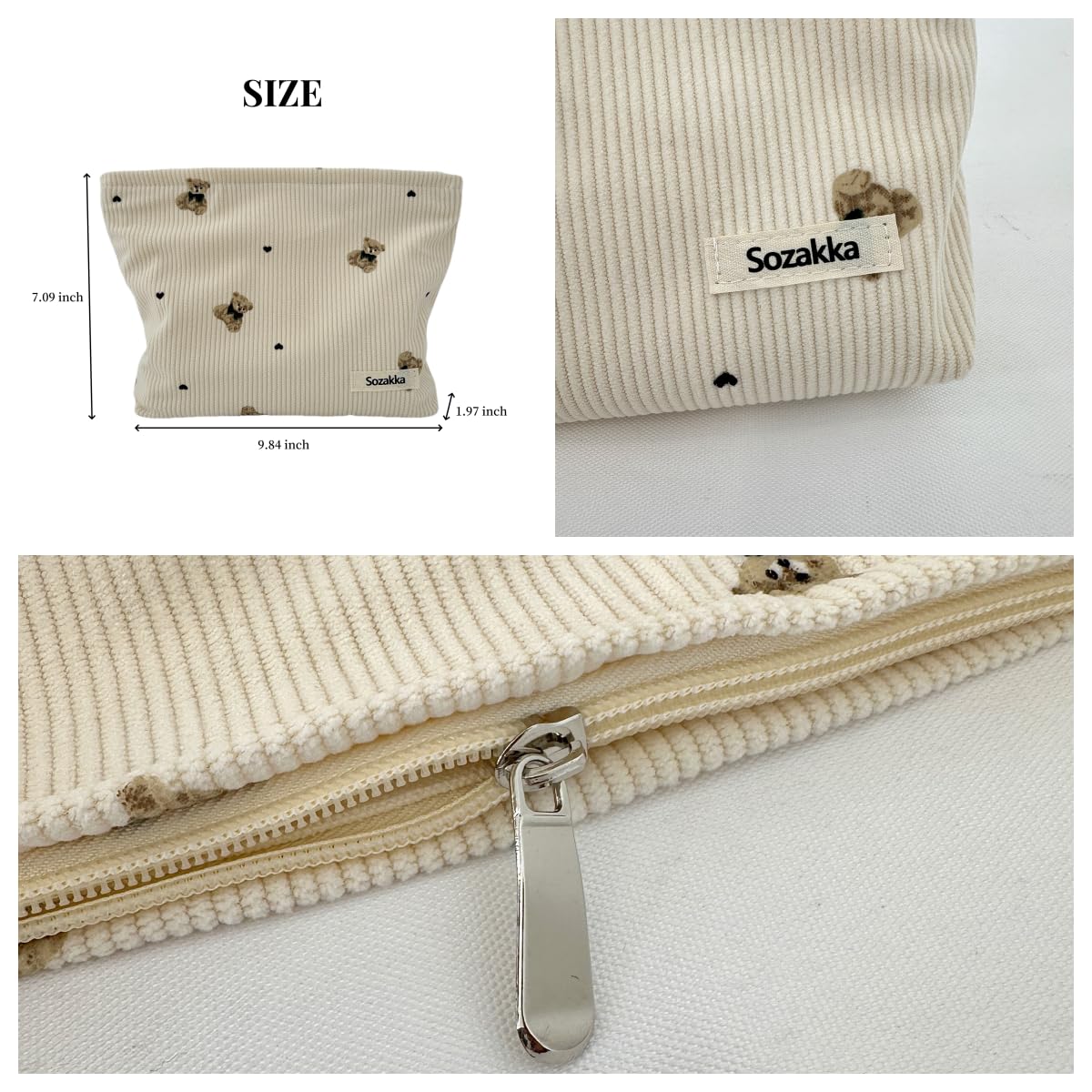 Corduroy Makeup Bag for Women - Large Cosmetic Organizer with Zipper, Cute Bear Design, Travel Makeup Pouch for Girls (Beige) | Perfect for Travel, Gym, School & Daily Essentials Storage