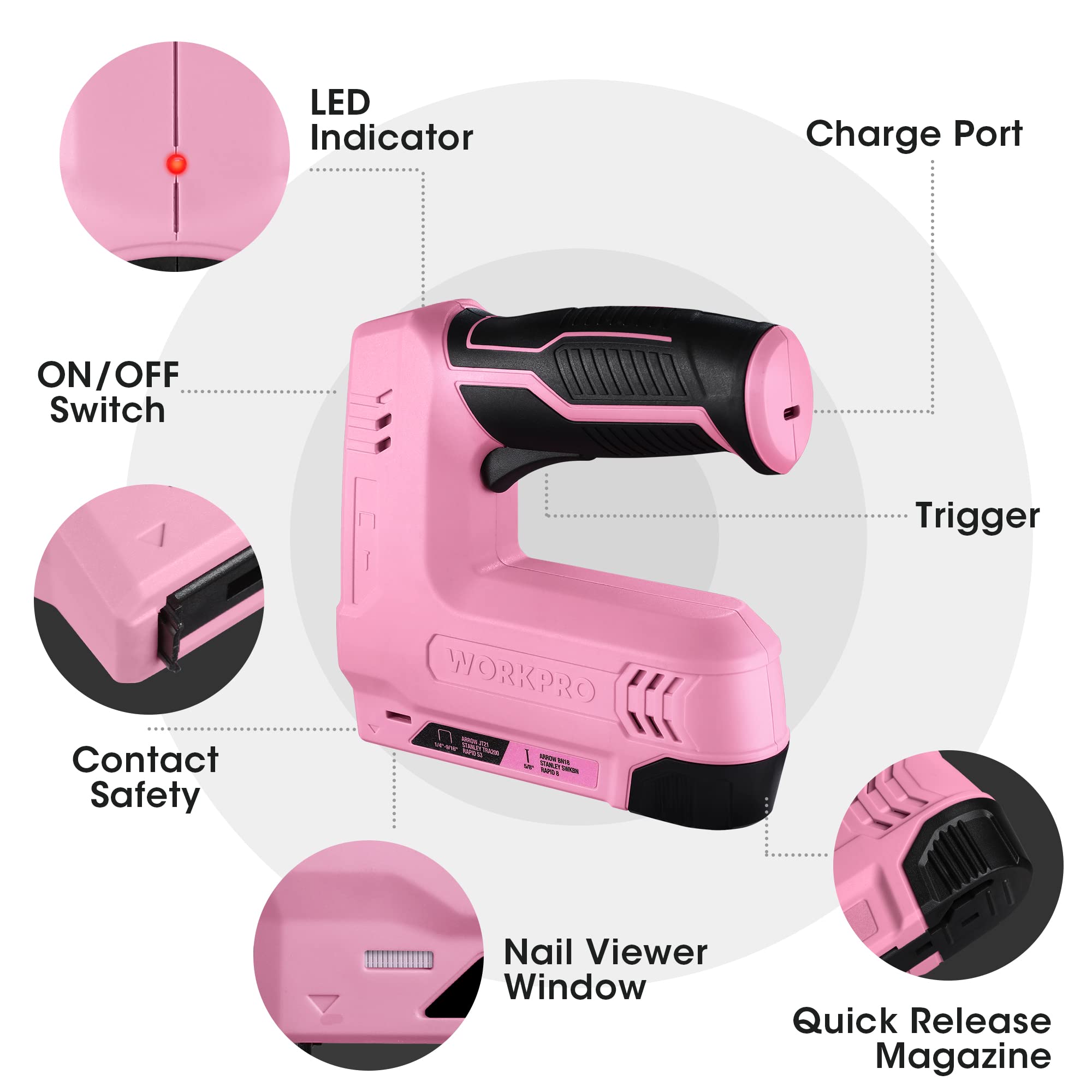 WORKPRO 3.6V Cordless 2-in-1 Staple and Nail Gun with 2.0Ah Battery, USB Charger & 2000PCS Staples/Nails - Pink Ribbon | for Upholstery, DIY Projects, Home Decor, Crafts, Woodworking & Furniture Repair