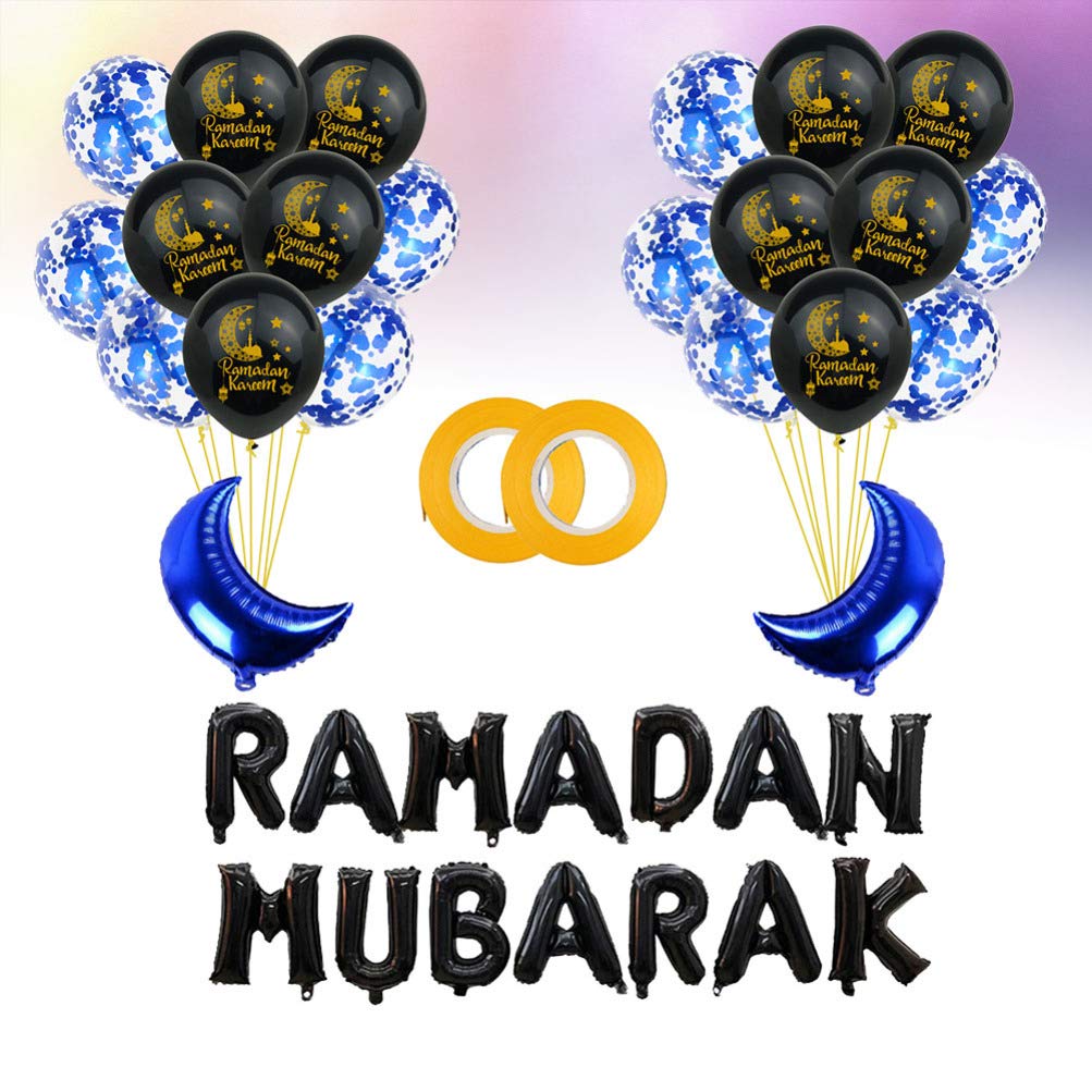 SOIMISS 38pcs Eid Mubarak Foil Balloons - Ramadan Moon & Star Latex Balloon Set with Ribbon - Islamic Festival Party Decorations for Eid Al Fitr, Eid Al Adha, Home & Mosque Celebrations