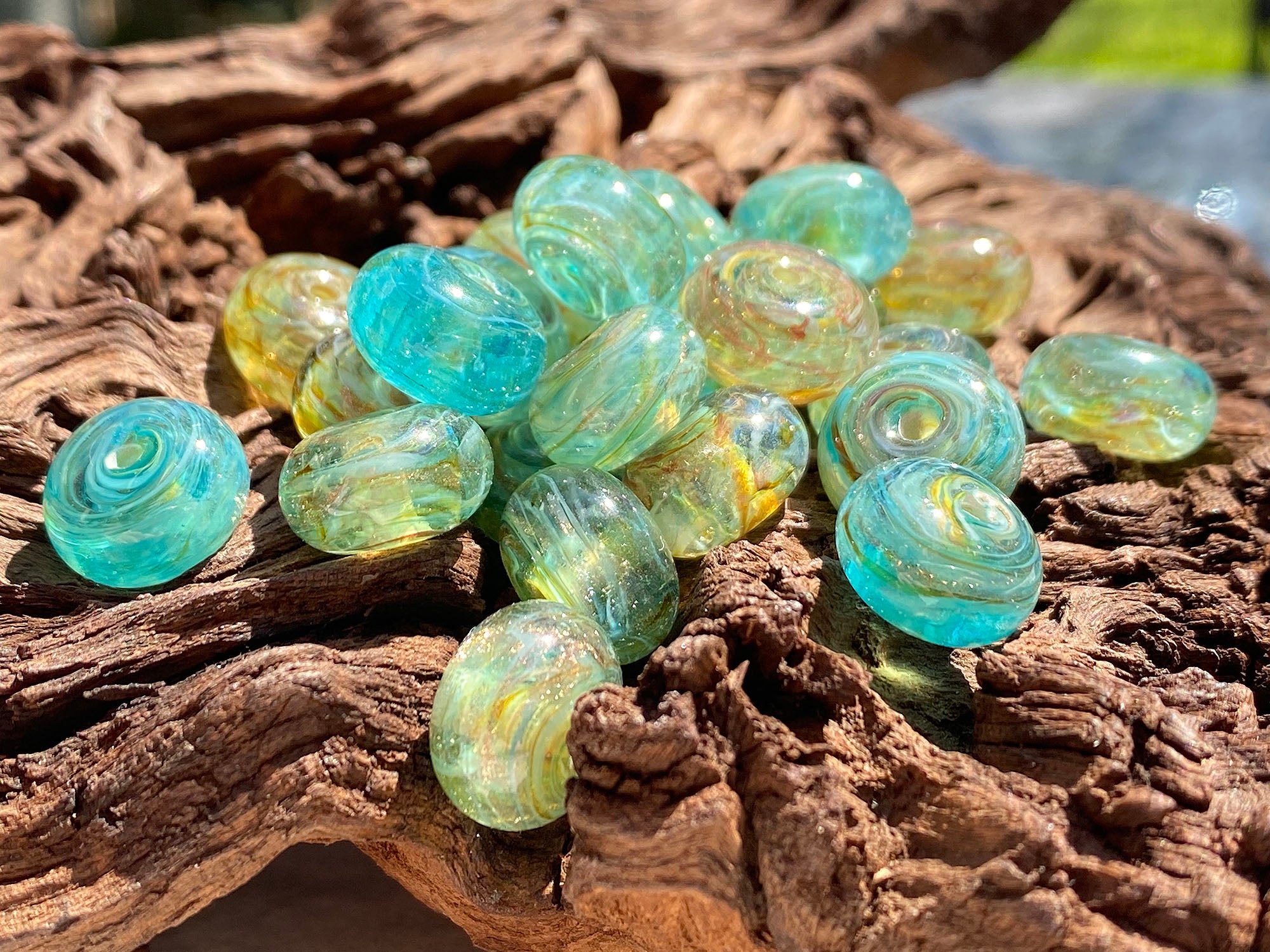 15-Piece Shimmering Aqua Gold Lampwork Glass Beads Set for Jewelry Making - DIY Bracelets, Necklaces & Earrings - Handmade Artisan Craft Supplies for Beading Projects