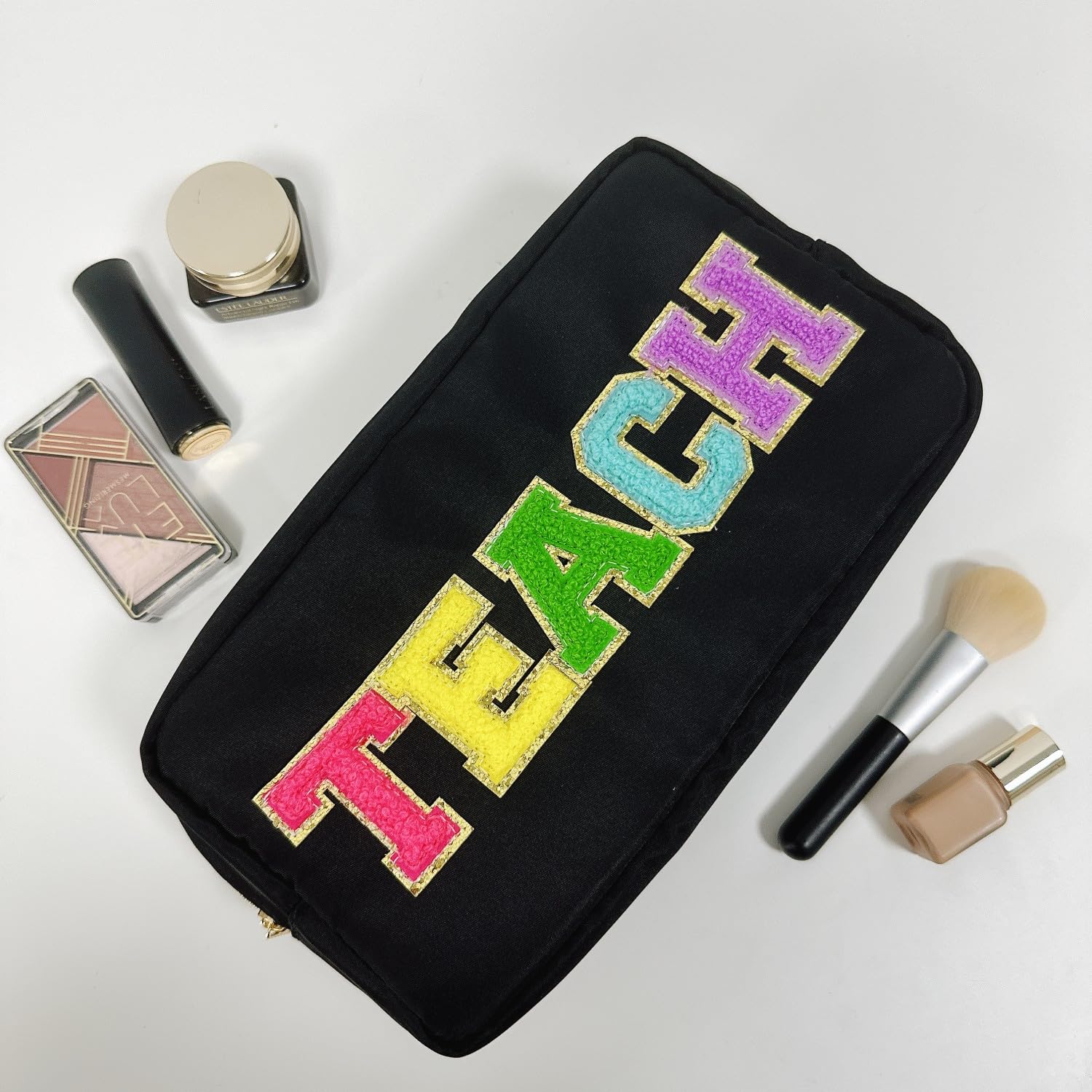 Preppy Chenille Glitter Varsity Letter Patch Makeup Bag - Cute Zipper Toiletry Pouch for Women & Girls | Perfect for Travel, Beach, Pool & Summer Vacations | Trendy Cosmetic Organizer (Black)