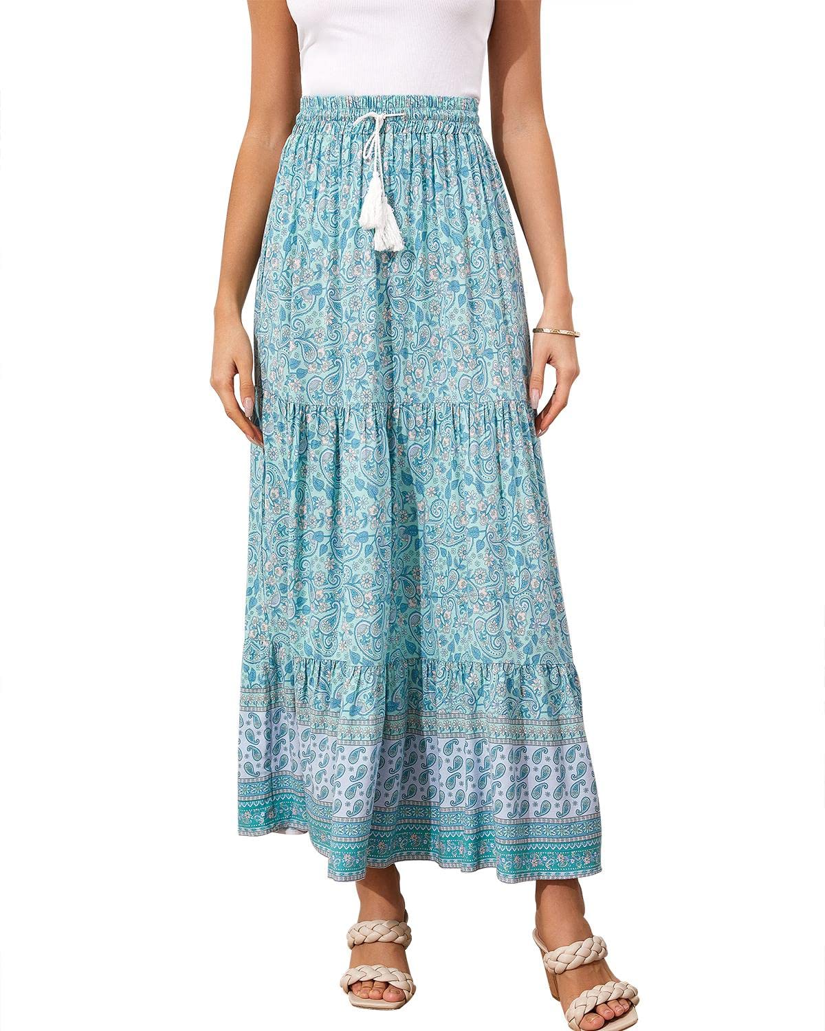 Boho Maxi Skirt for Women - Floral Print A-Line Tiered Skirt with Elastic Waist & Button Split | Perfect for Beach Vacations, Summer Outfits, and Boho Fashion Styles