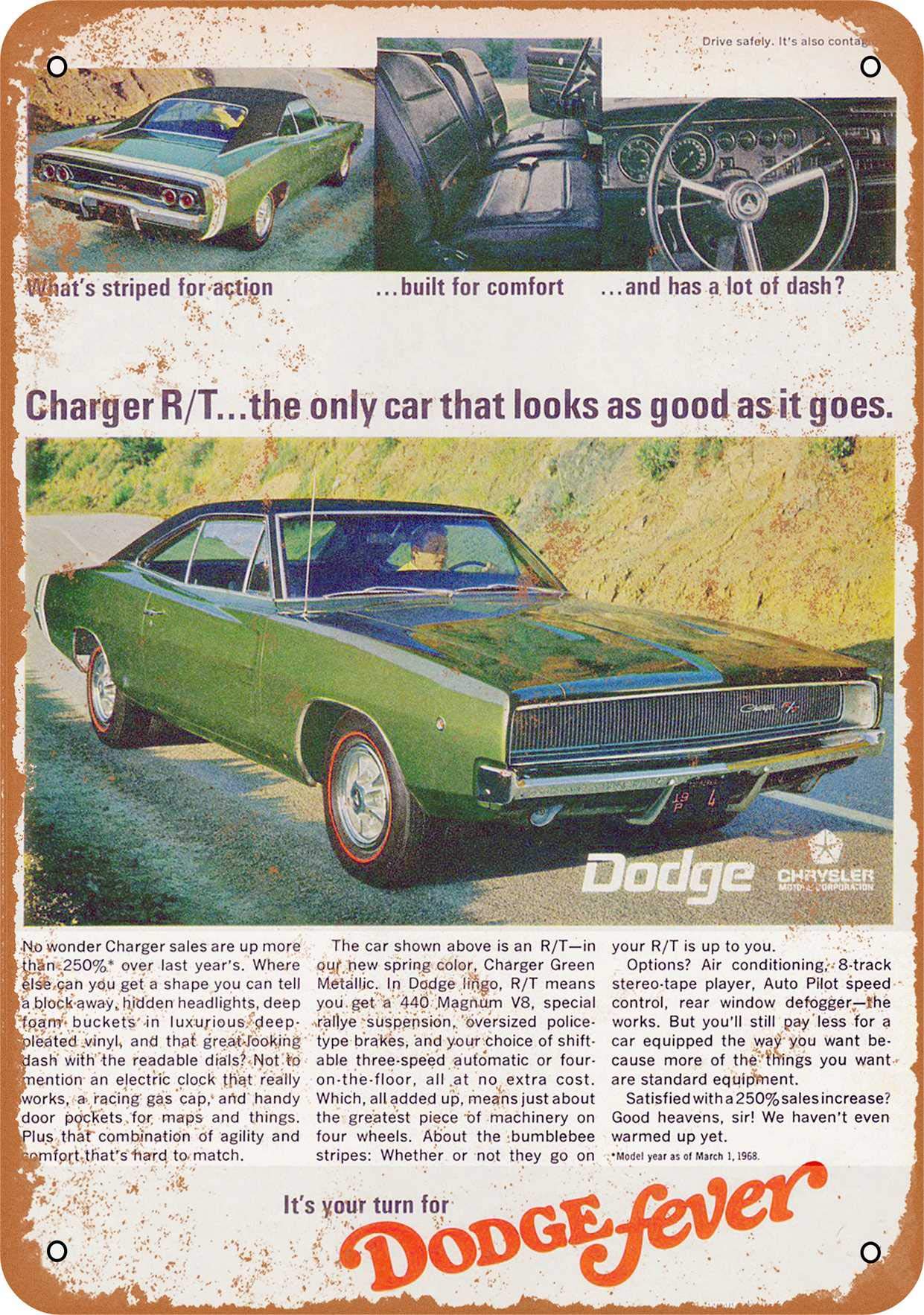 Vintage 1968 Dodge Charger R/T Metal Sign - 9x12 Inch Retro Car Decor - Perfect for Man Cave, Garage & Automotive Enthusiast Gift