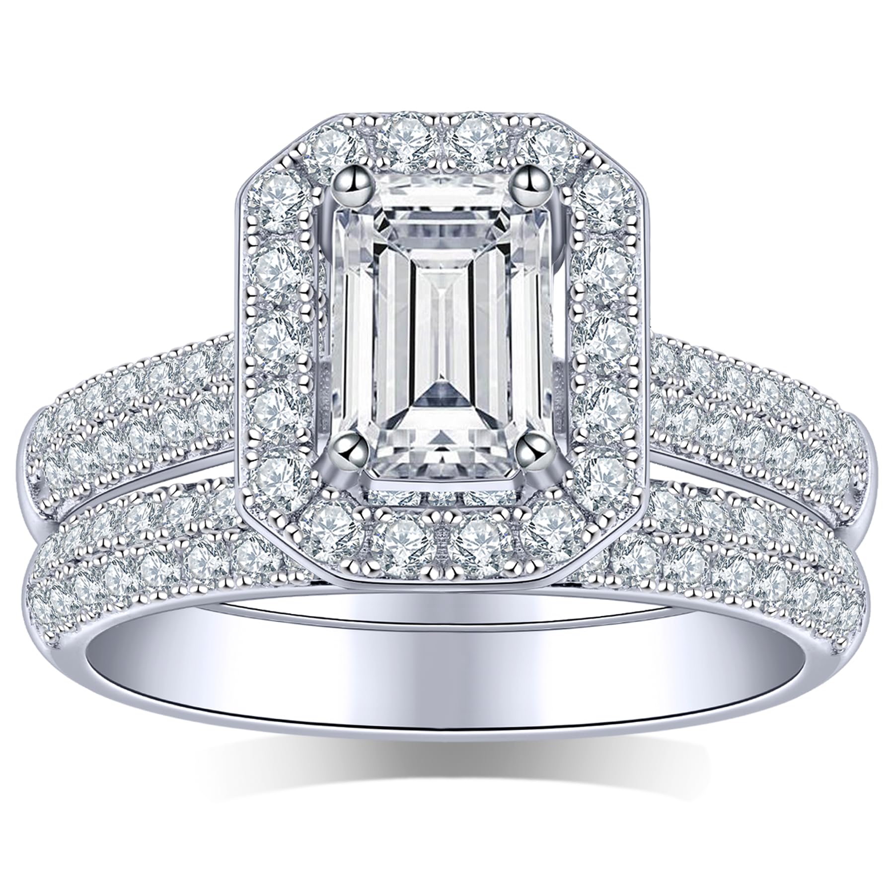 1.99-3.30 Carat D Color VVS1 Emerald Cut Moissanite Engagement Ring Set for Women - 925 Sterling Silver 18K White Gold Plated Wedding Band Bridal Jewelry Set | Perfect for Proposals, Anniversaries & Special Occasions