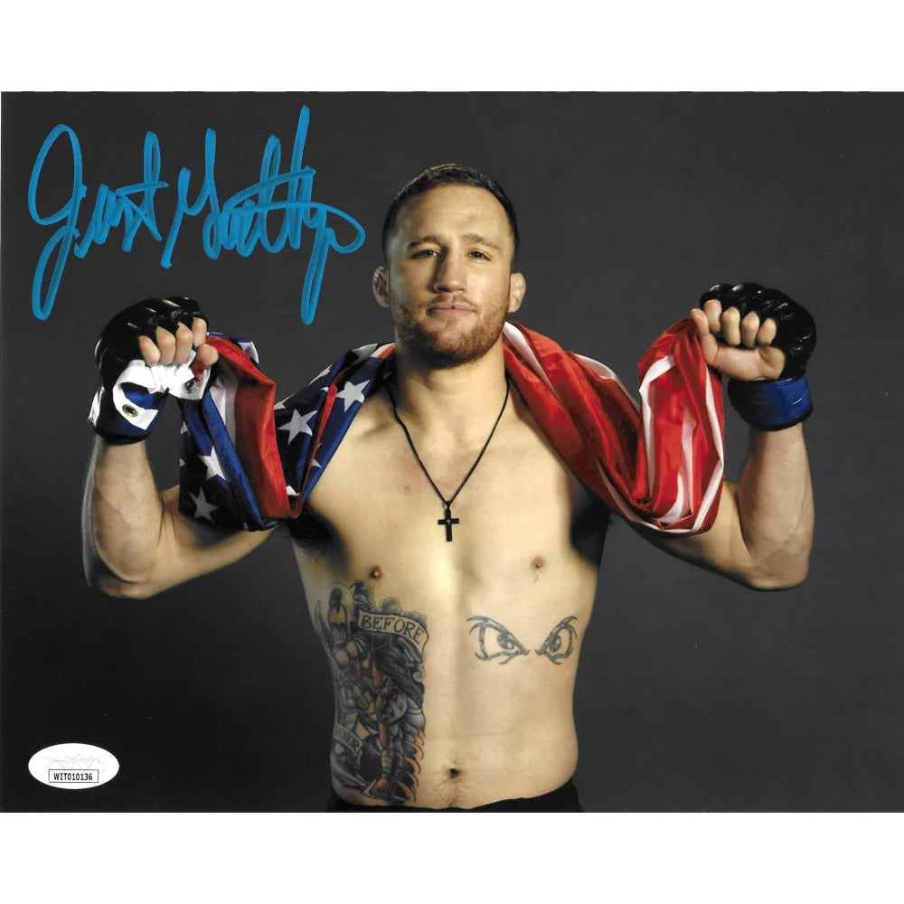Justin Gaethje Autographed 8x10 Photo with Flag - Authentic MMA UFC Signed Memorabilia with JSA COA - Perfect for Sports Collectors, Man Cave Decor, and UFC Fan Gifts