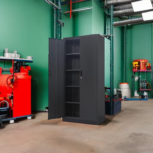 Heavy Duty Metal Storage Cabinet with Locking Doors & 5 Adjustable Shelves - Black Garage Cabinet for Office, Classroom, Warehouse Organization - Perfect for Tool Storage, School Supplies & Industrial Use