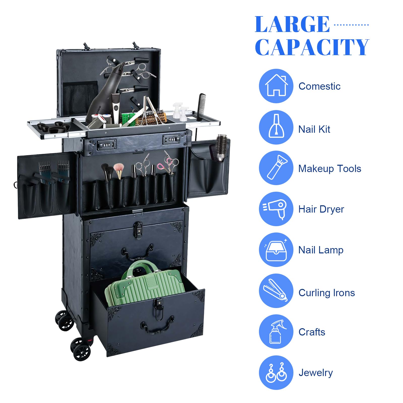 Professional Rolling Makeup Train Case with 360° Swivel Wheels - Large Portable Nail & Hairstylist Organizer for Cosmetologists (Blue) | Perfect for Salon, Travel & Mobile Beauty Services