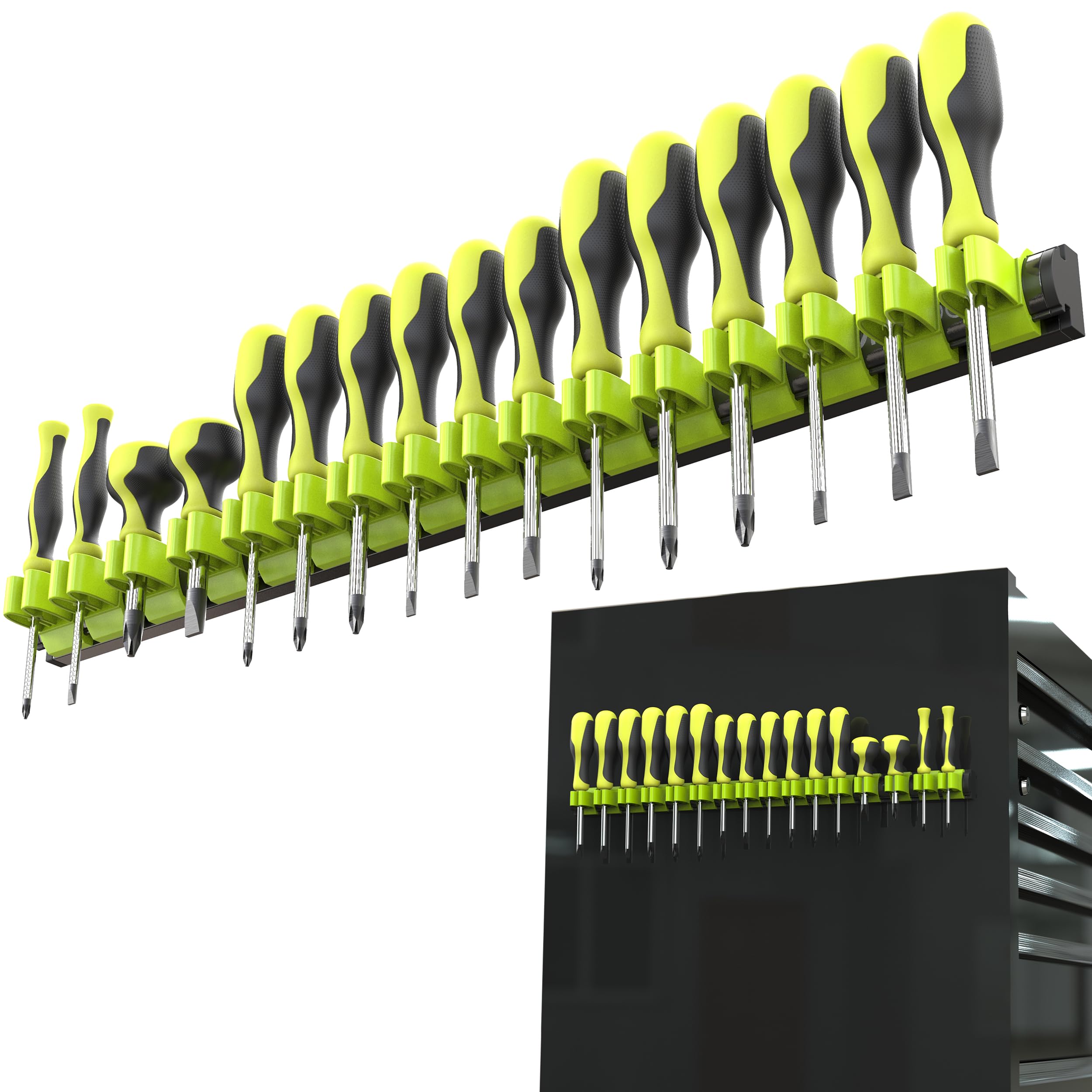 Olsa Tools Magnetic Screwdriver Holder - Heavy Duty 16 Slot Tool Organizer for Mechanics & DIY | Black & Green Workspace Organizer | Perfect for Garage, Workshop & Toolbox Organization