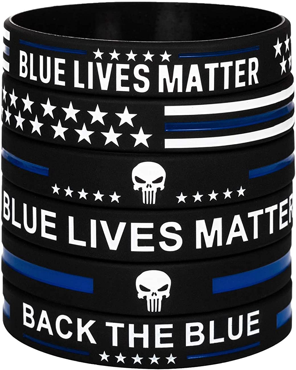 Sainstone 12-Pack Thin Blue Line American Flag Bracelets with Skull - Police Blue Lives Matter Silicone Wristbands - Bulk Support Law Enforcement Gifts for Police Officers & First Responders - Perfect for Back the Blue Events, Fundraisers & Police Appreciation Gifts