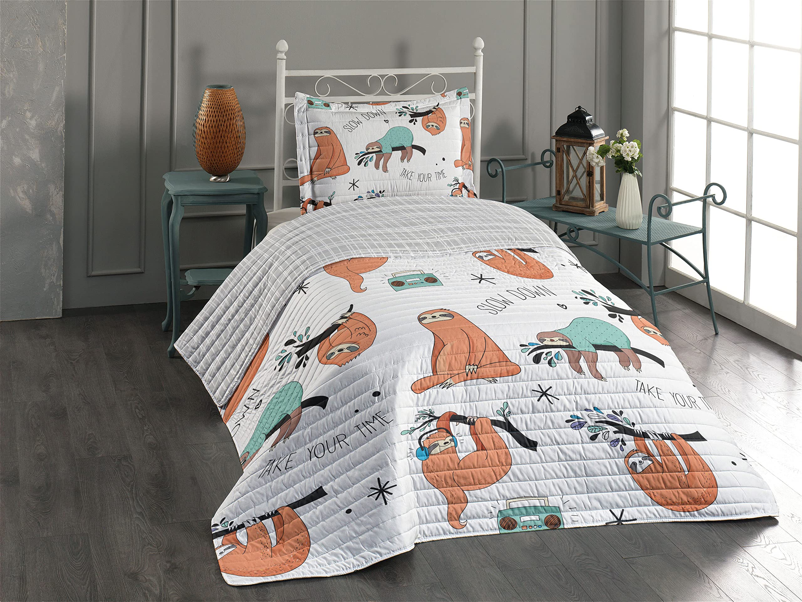 Ambesonne Sloth Reversible Bedspread Set - Hand Drawn Sloths on Branches Design, Microfiber Comforter & Pillow Shams, Twin Size in Pale Blue Orange Black | Perfect for Kids' Room, Dorm Decor or Cozy Bedroom Makeover