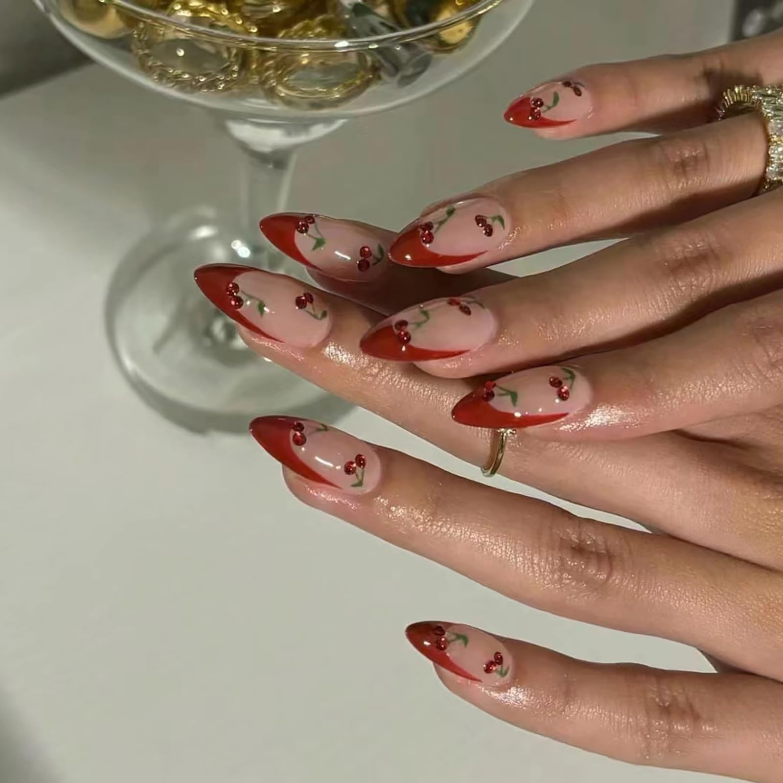 24Pcs Medium Almond French Tip Press on Nails with Rhinestones - Red Cherry Glossy Fake Nails for Women & Girls - Full Cover Acrylic Artificial Nails with Designs - Perfect for Parties, Weddings & Special Occasions