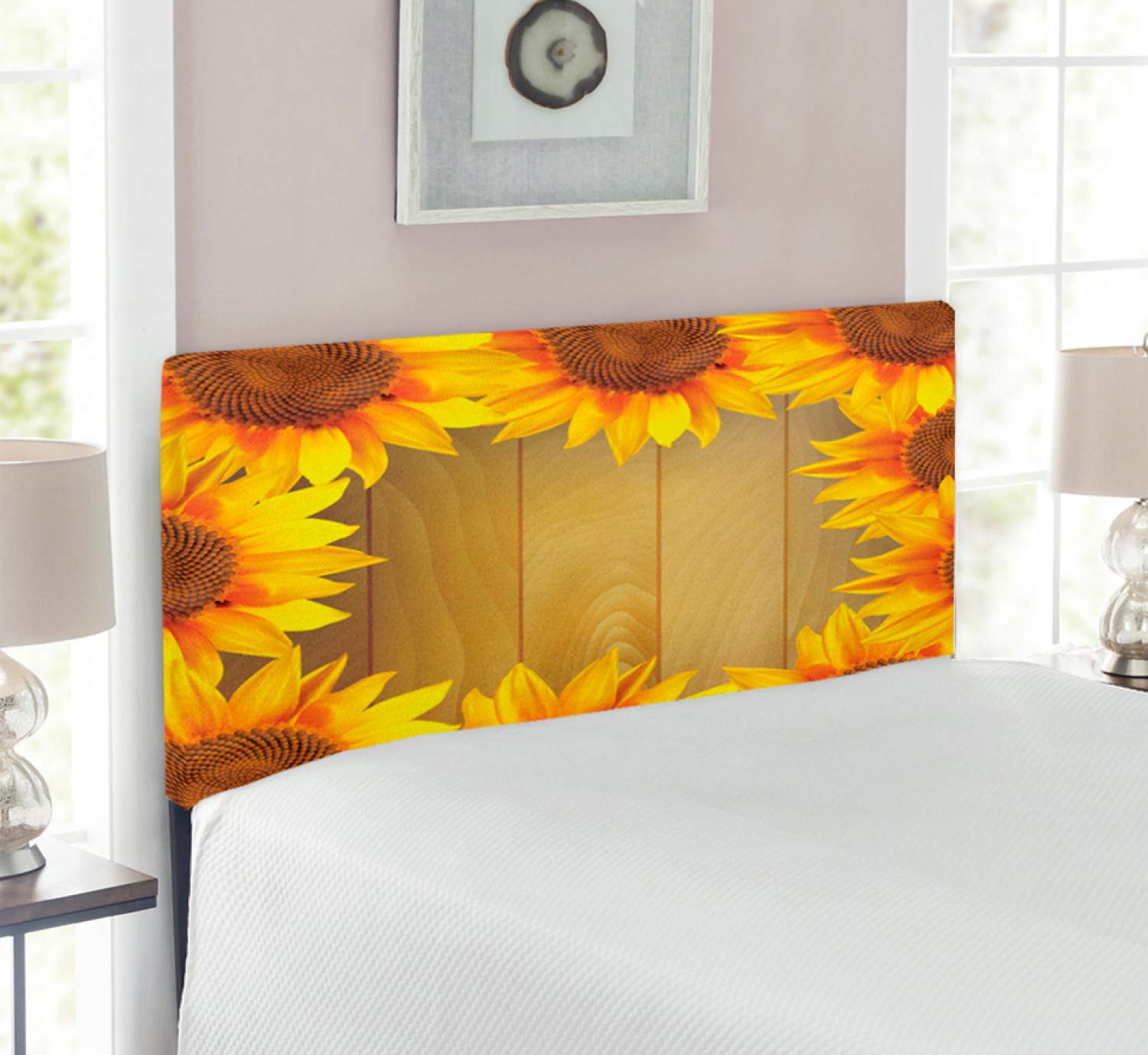 Ambesonne Sunflower Headboard - Floral Circle Design on Wooden Background, Upholstered Metal Bed Frame with Memory Foam - Twin Size Brown Orange - Perfect for Boho Bedroom Decor & Farmhouse Style Homes