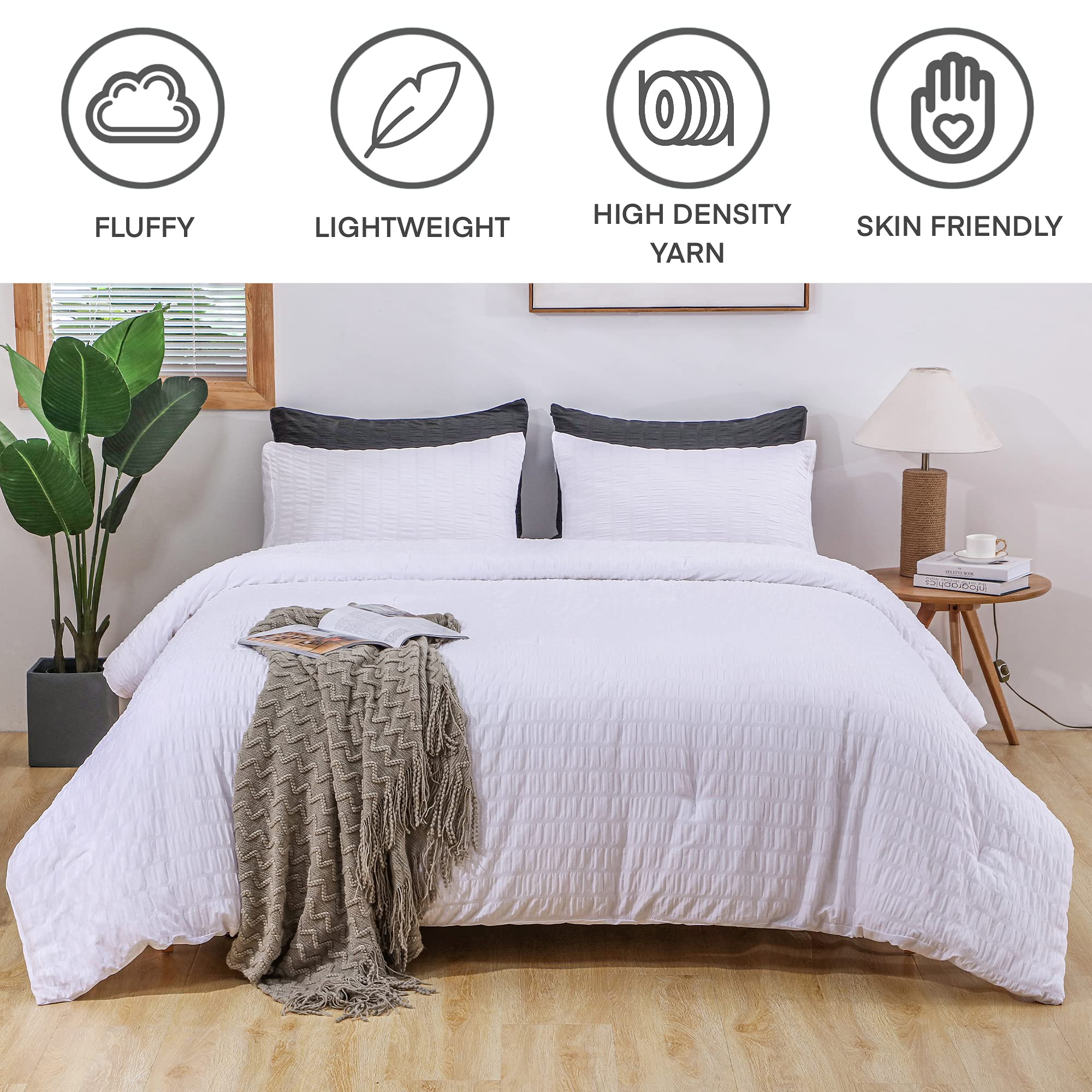 AveLom Seersucker Twin/Twin XL Comforter Set (68 x 90 inches) - 2 Piece 100% Soft Microfiber Lightweight All Season Down Alternative Bedding Set with Pillowcase - Perfect for Dorm Rooms, Guest Beds & Cozy Home Decor in White