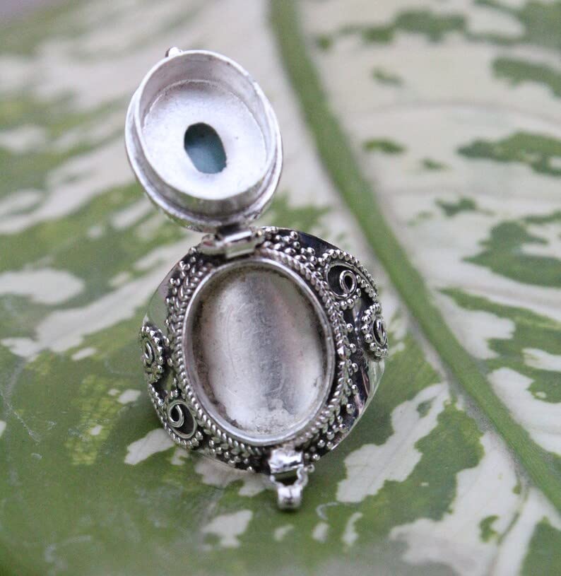 Boho Poison Ring - 925 Sterling Silver Handmade Statement Ring with Dominican Republic Larimar | Vintage Style Pillbox Locket Ring for Women | Perfect for Gothic Fashion, Witchy Aesthetics & Unique Gift Giving
