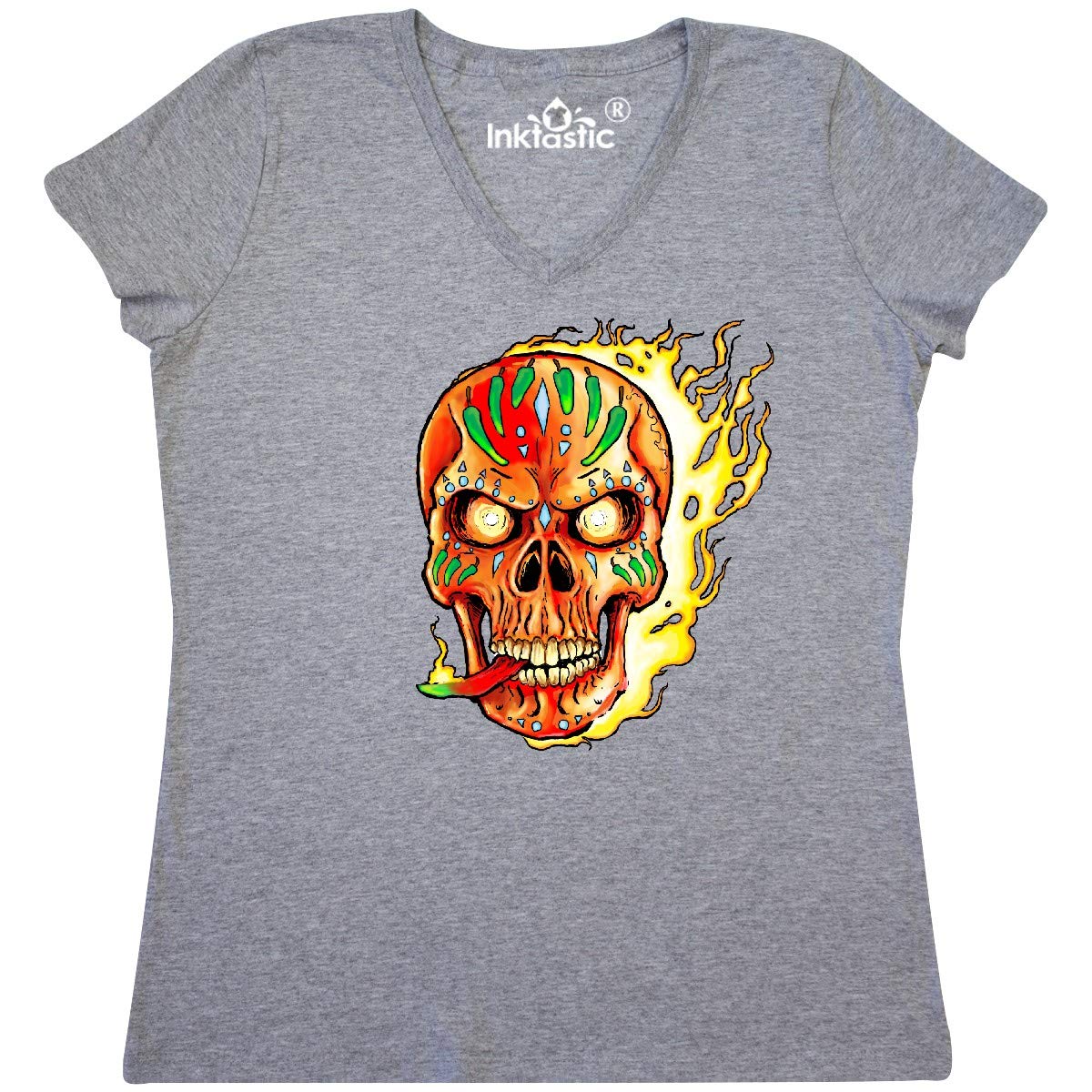 Inktastic Hot Sauce Hot Pepper Skull ON FIRE Women's V-Neck T-Shirt - Spicy Food Lover Gift, Skull Design Tee for Women, Casual Wear & Halloween Costume