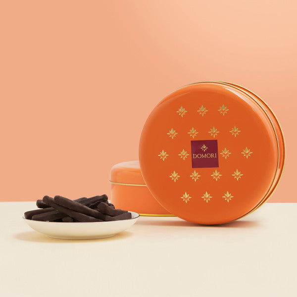 Premium Domori Dark Chocolate Covered Orange Peel in Elegant Gift Tin - Perfect for Holidays, Gifting & Gourmet Desserts