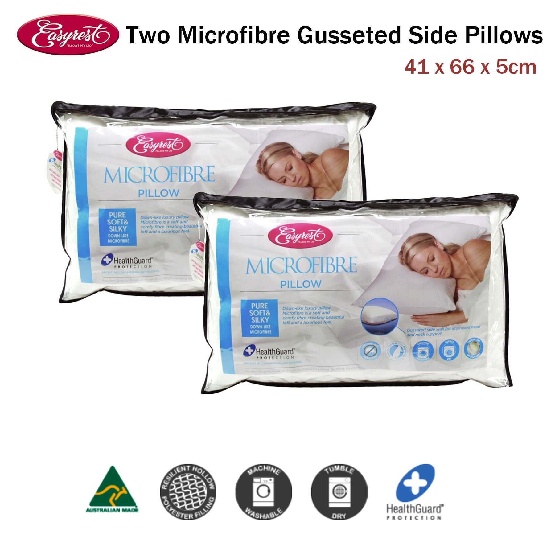 Easyrest Two Microfibre Standard Gusseted Pillows - Ultra Soft Support for Side & Back Sleepers - Perfect for Home, Hotel & Travel Use