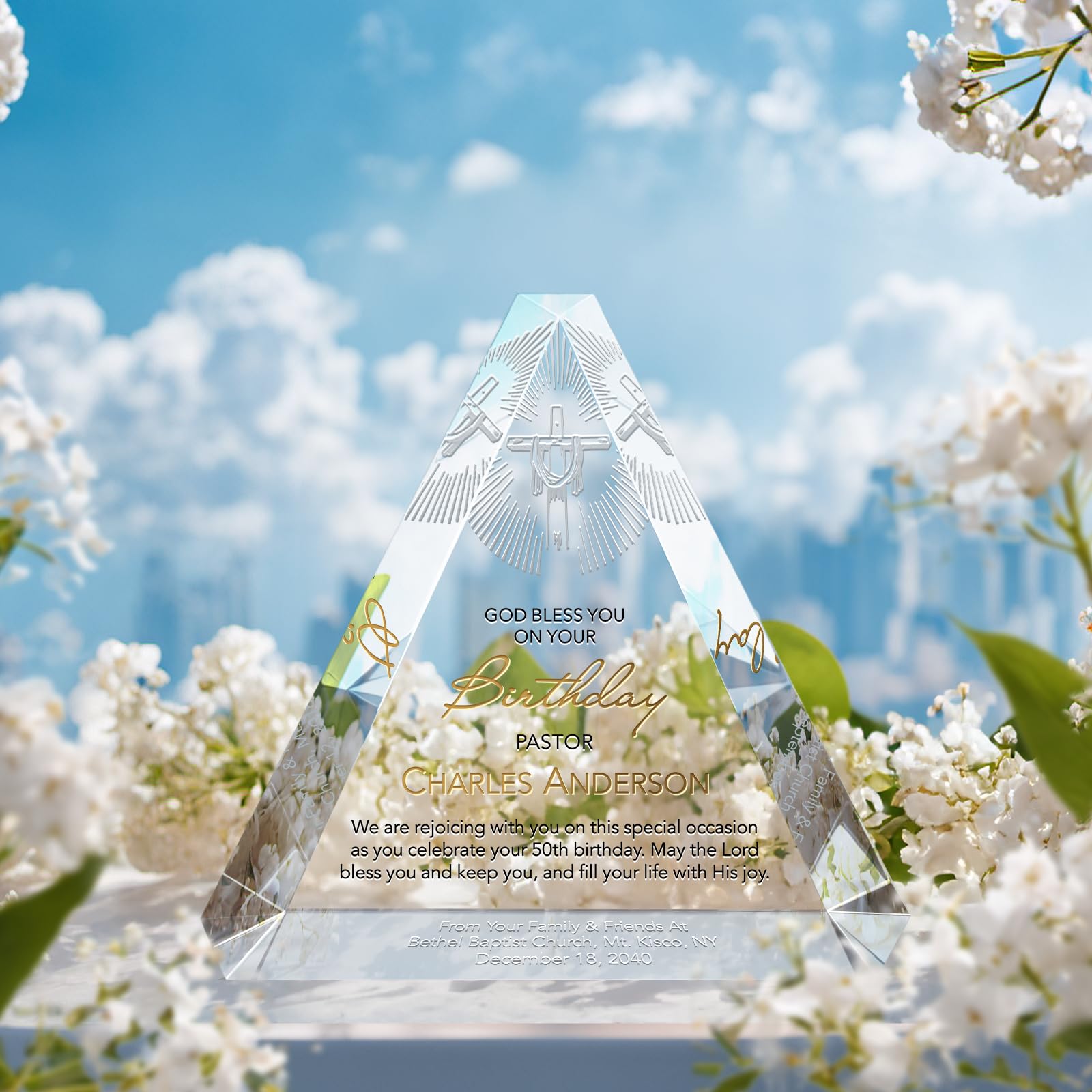 Custom Pastor Birthday Gift Plaque - Personalized Crystal Trinity Award with Name & Years - Unique 40th, 50th, 60th, 70th Birthday Present for Pastors, Ministers & Clergy (9 Inch) - Perfect for Church Appreciation, Retirement & Ordination Ceremonies