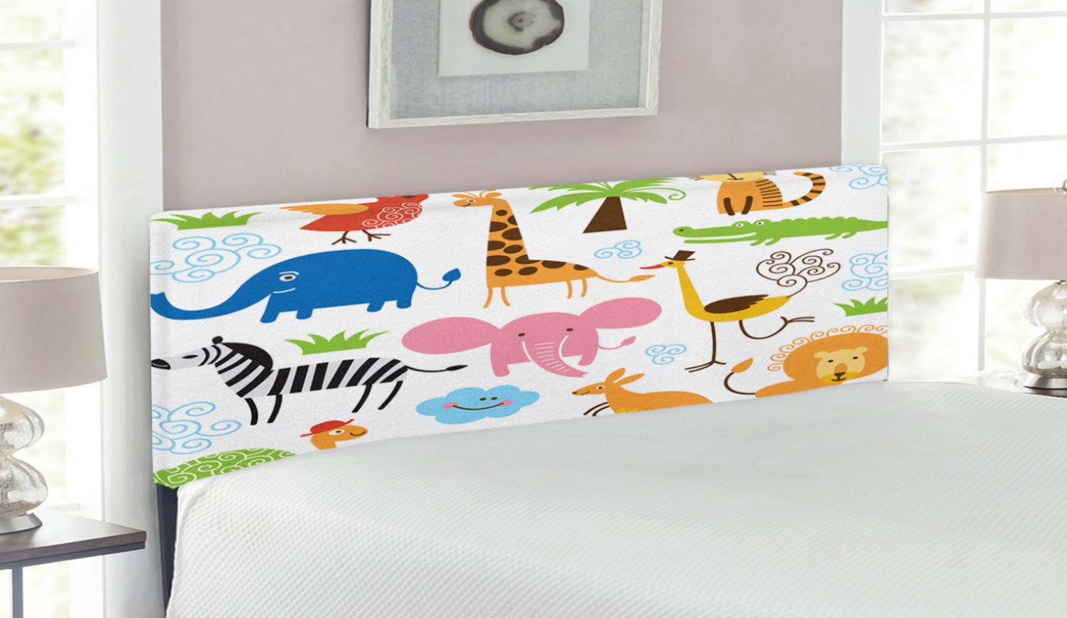 Ambesonne Animal Print Headboard - Colorful Giraffe, Zebra & Turtle Themed Cartoon Illustration Upholstered Metal Bed Frame with Memory Foam (Queen Size, Multicolor) | Perfect for Kids' Rooms, Nursery Decor & Whimsical Bedroom Themes
