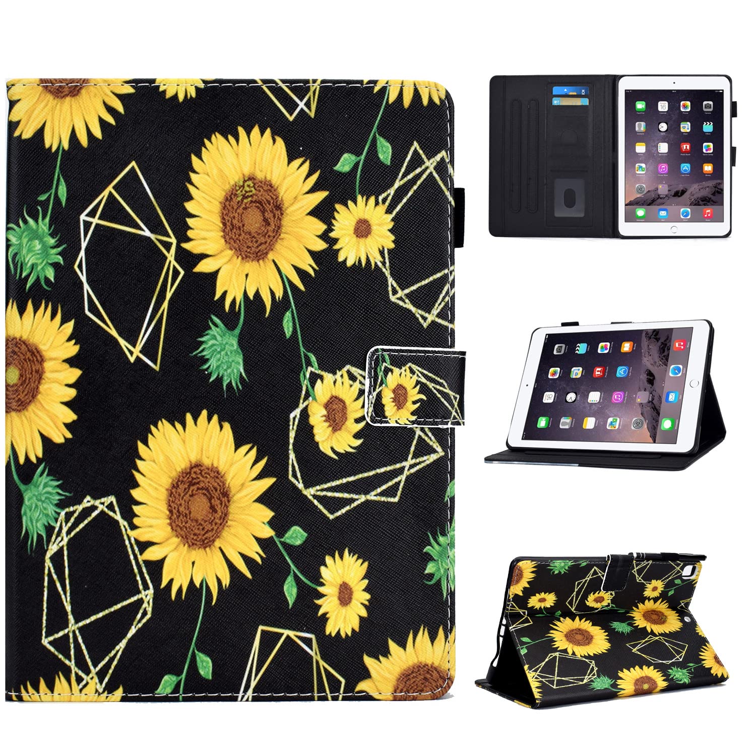 BYCeKe iPad 9.7 Inch Protective Case - Compatible with iPad 6th/5th Gen (2018/2017), iPad Air 2 & iPad Air | PU Leather Smart Cover with Auto Sleep/Wake, Card Slots & Pencil Holder | Sunflower Design | Perfect for Work, Travel & Home Use