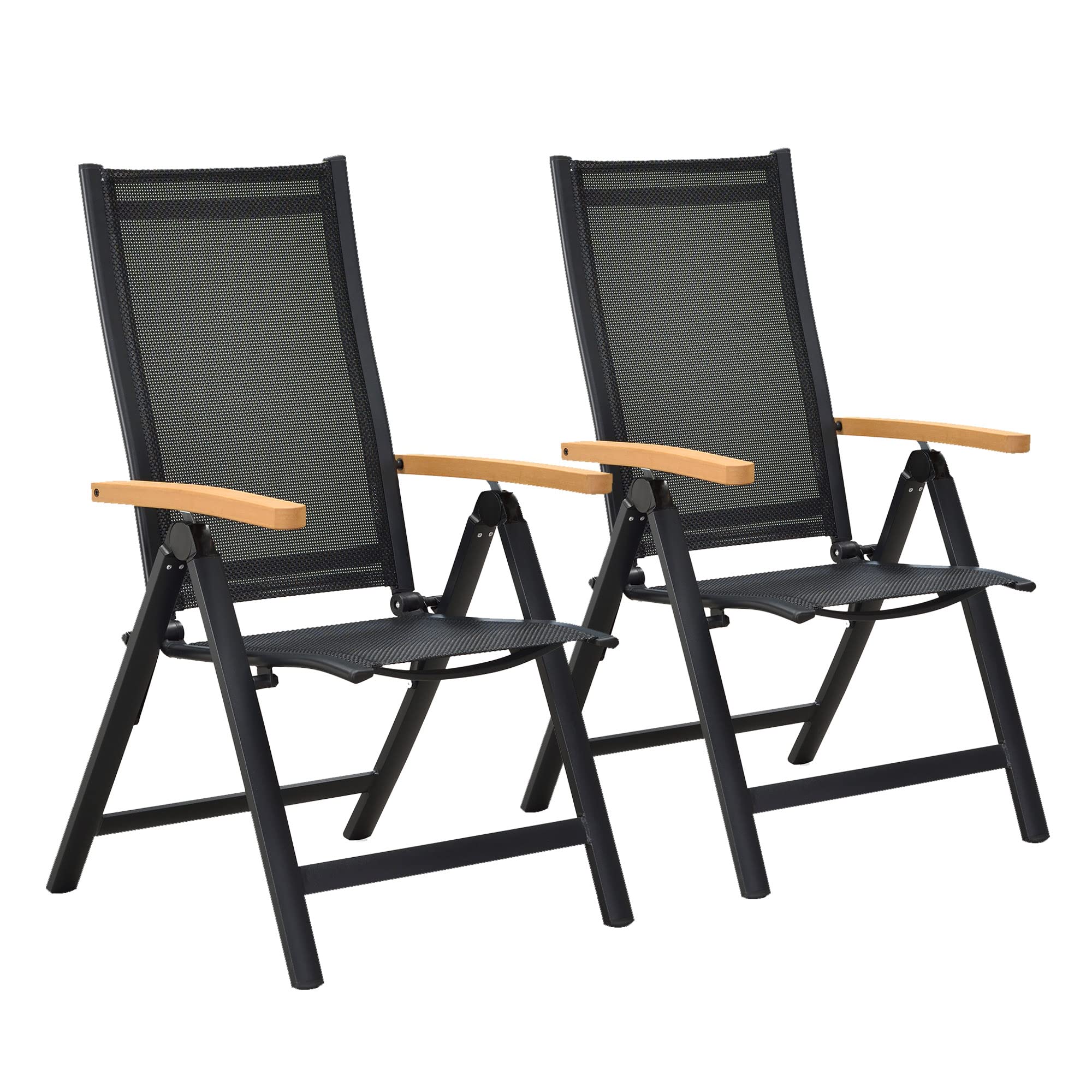 PURPLE LEAF Outdoor Patio Sling Chairs Set of 2 - Foldable Reclining Camping Chairs with WPC Armrests, Adjustable High Backrest - Portable for Backyard, Beach & Picnic - Black
