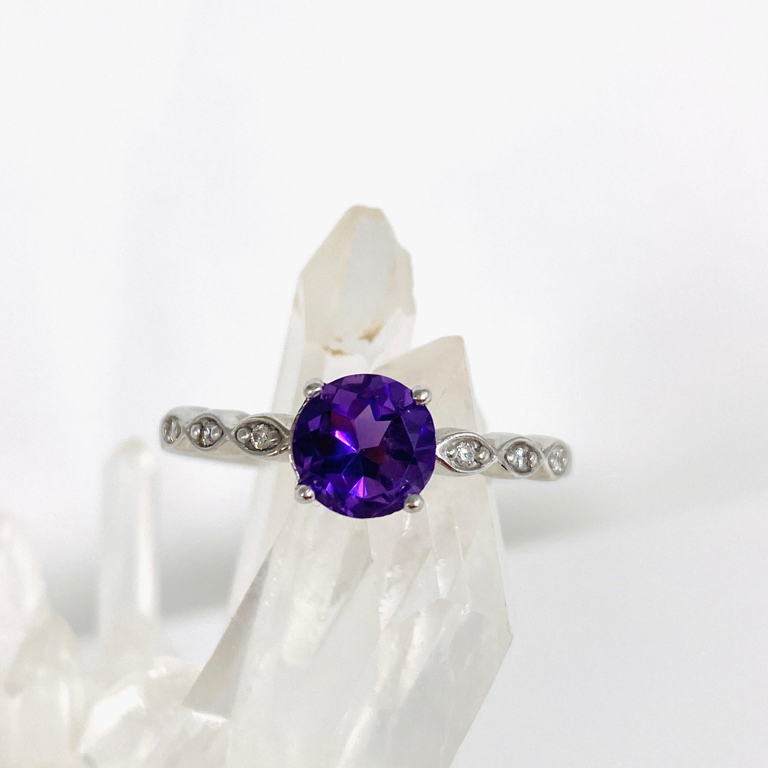 Amethyst Round Faceted Ring with CZ Stones - Size 9 - HRGJ 38 - Elegant Jewelry for Women, Perfect for Weddings, Parties & Special Occasions