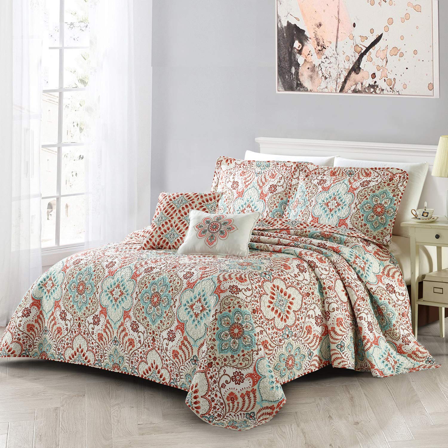 Bennington Damask Printed Microfiber Quilt Queen Size 5-Piece Bedding Set - 90x90 Inch Reversible Coral Blue White Floral Design with Matching Shams | Soft & Cozy Bedspread Coverlet for Master Bedroom, Guest Room & Dorm Decor