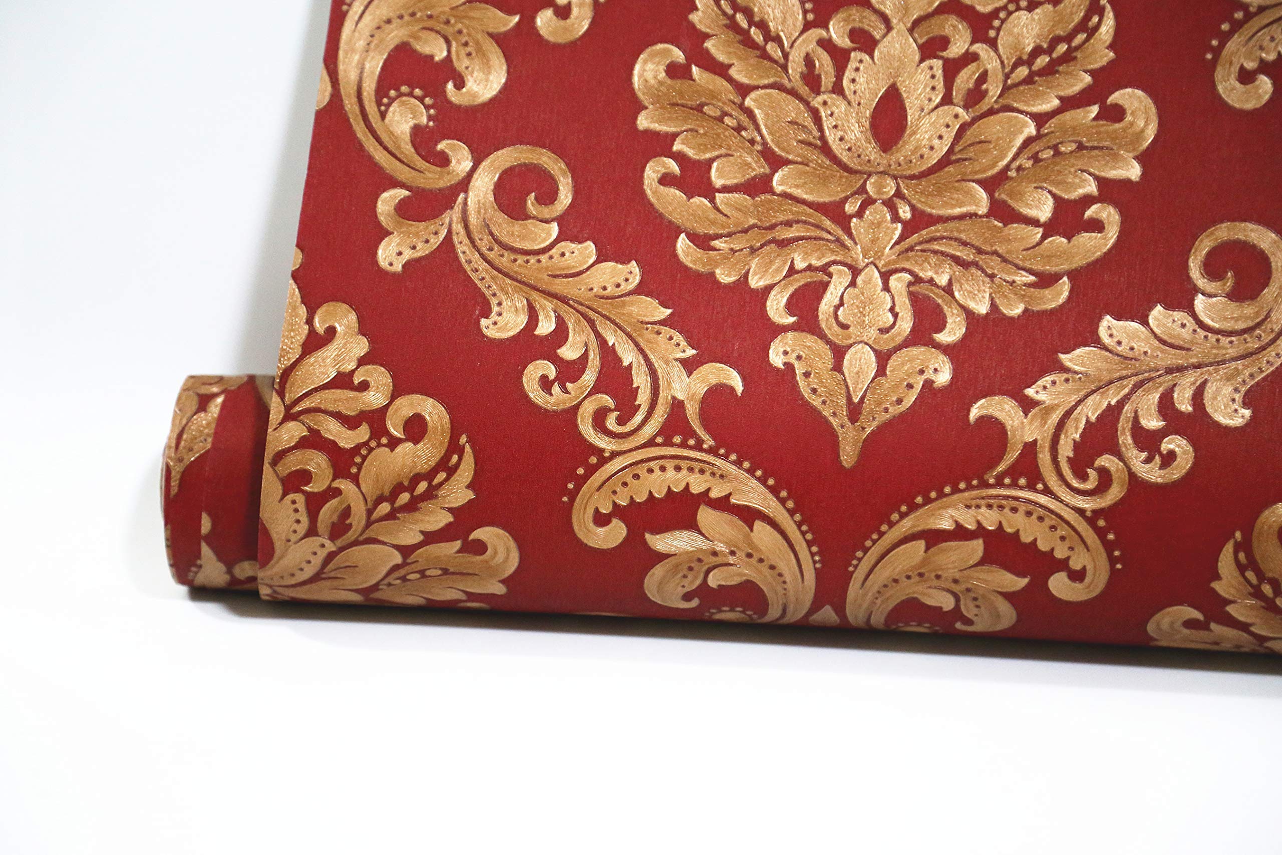 Luxury Red Damask Flocking Embossed Wallpaper Roll - 20.8