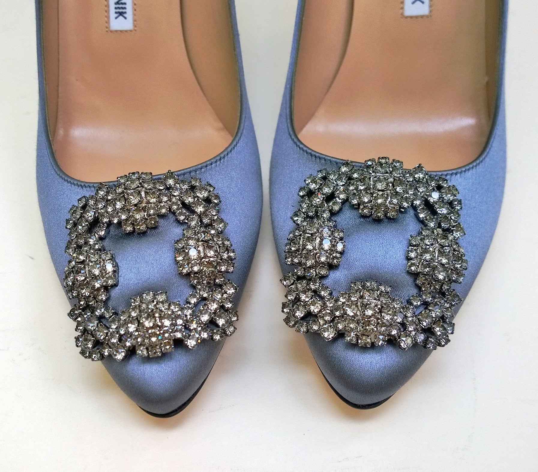 Manolo Blahnik Grey Satin Hangisi Rhinestone Buckle Heels - Women's Luxury Dress Pumps Size [X] | Perfect for Weddings, Red Carpet Events & Special Occasions