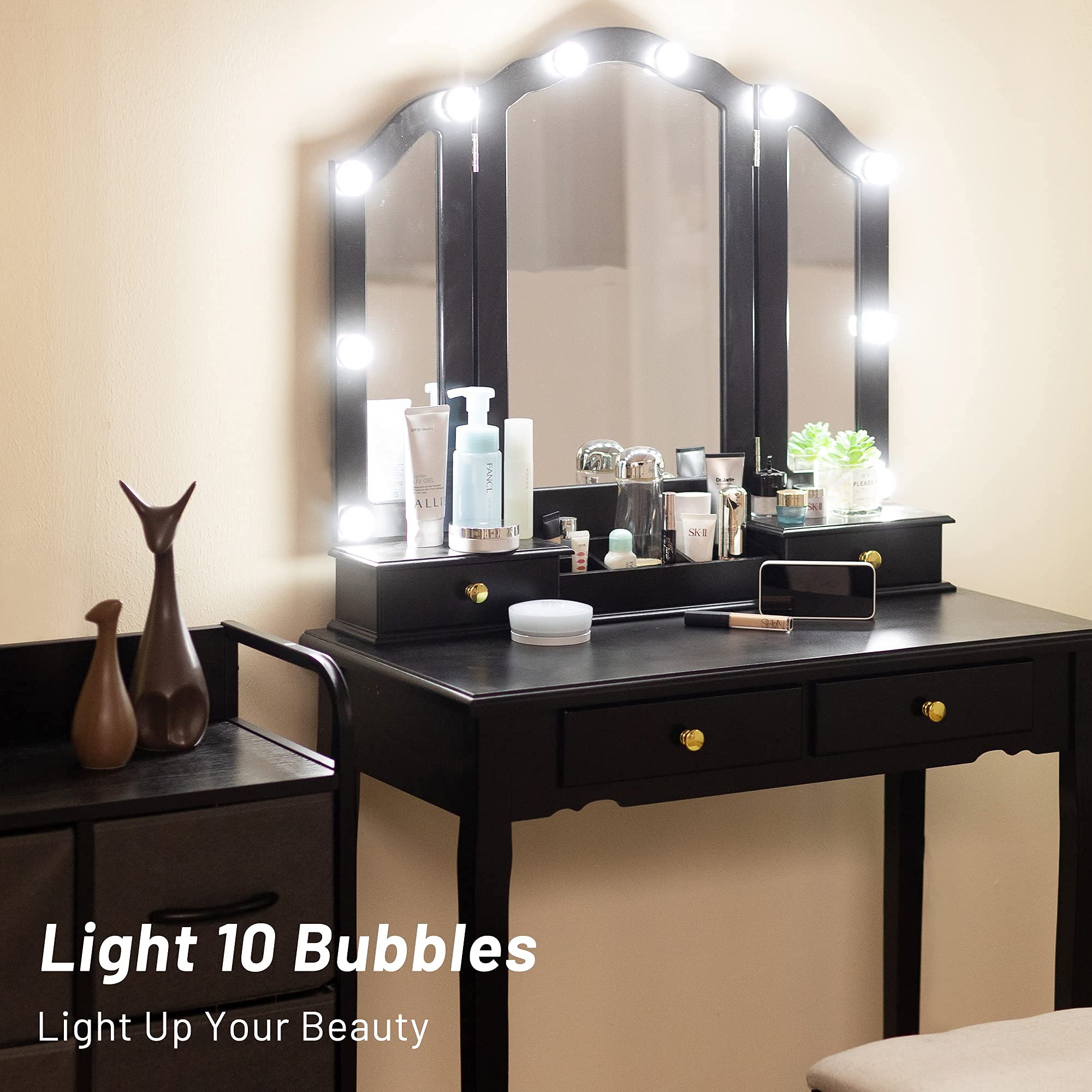 Caroeas Tri-Fold Makeup Vanity Set with LED Lights - Solid Wood Vanity Table with Mirror, 4 Drawers & Storage Compartments - Includes Padded Vanity Stool - Perfect for Bedroom, Dressing Room & Beauty Salon (Black)