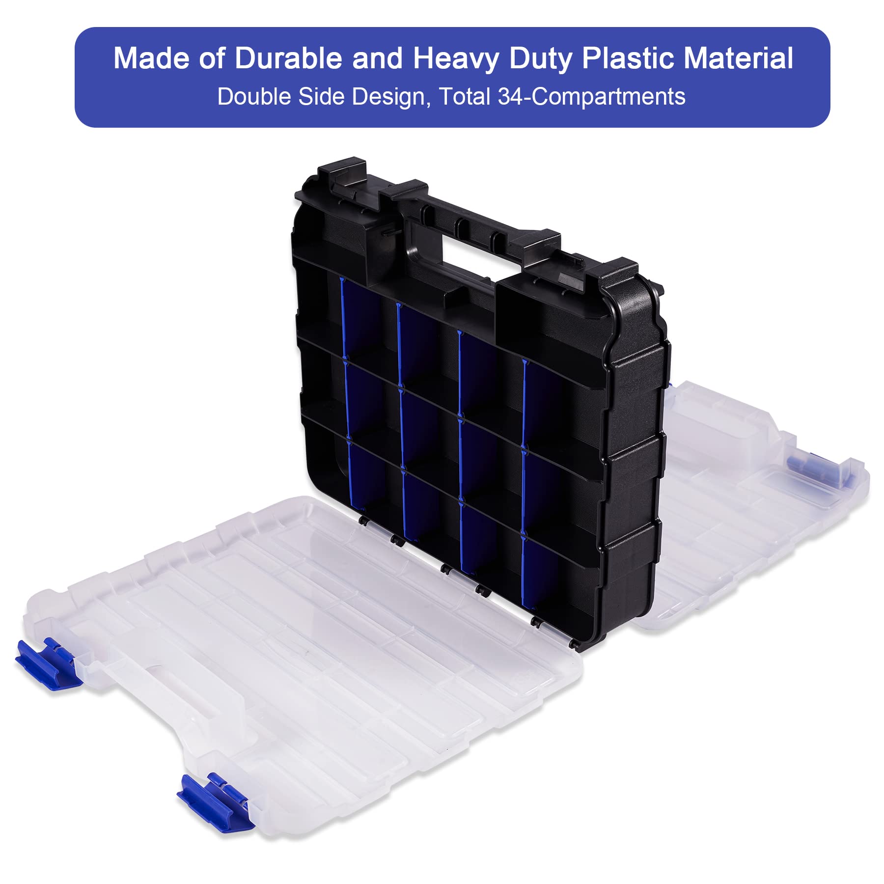 Durable 34-Compartment Plastic Hardware Organizer Box with Removable Dividers - Double-Sided Small Parts Storage for Nuts, Bolts, Screws & Nails - Perfect for Workshop, Garage & DIY Projects (Blue)