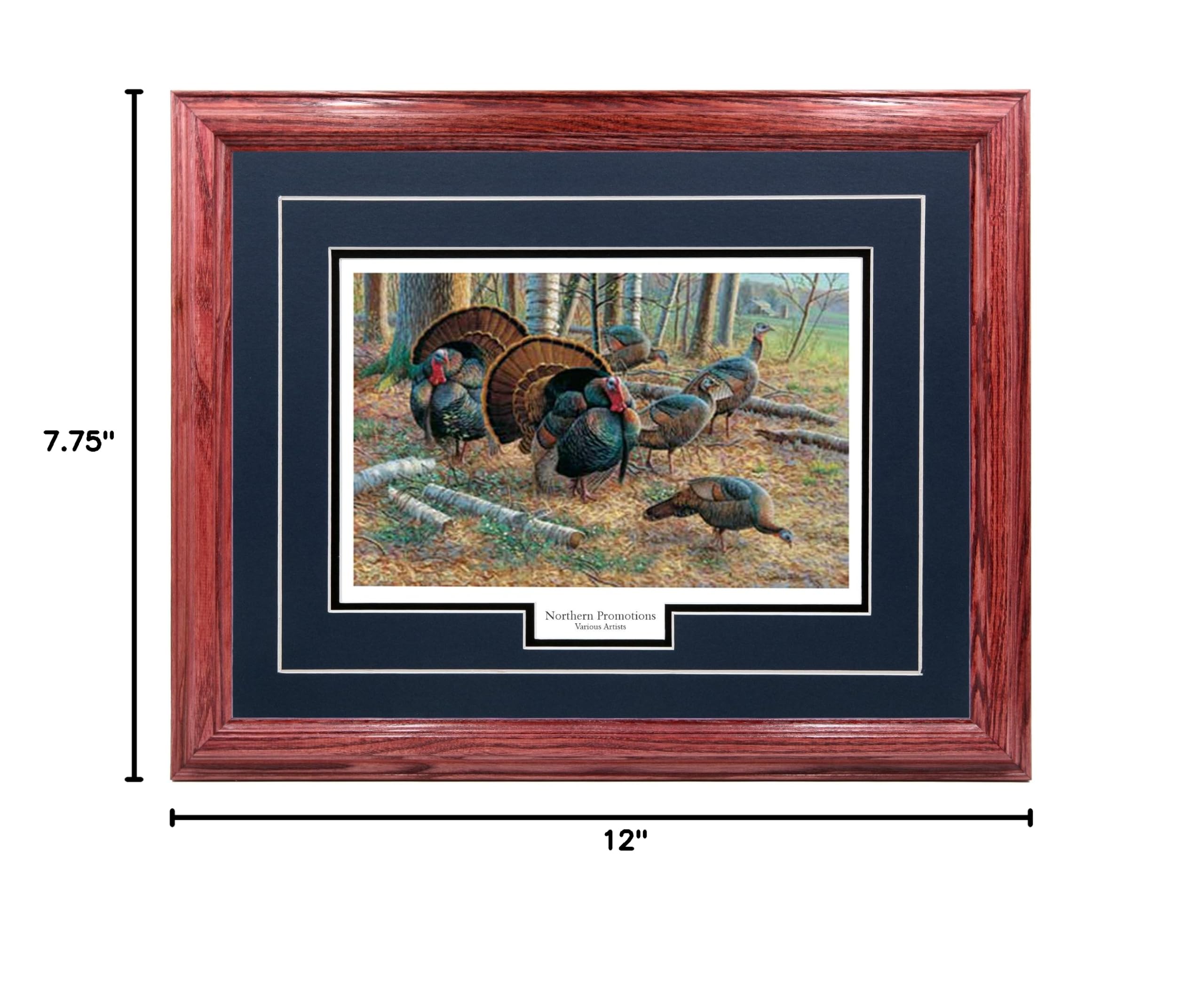 Turkey Spring Strut Wall Art - Hardwood Picture Frame Wildlife Hunting Decor - Cherry Wood Frame with Blue Mat - 17x21 Inch Wildlife Print Painting - Perfect for Cabin, Lodge, or Hunting Room Decor