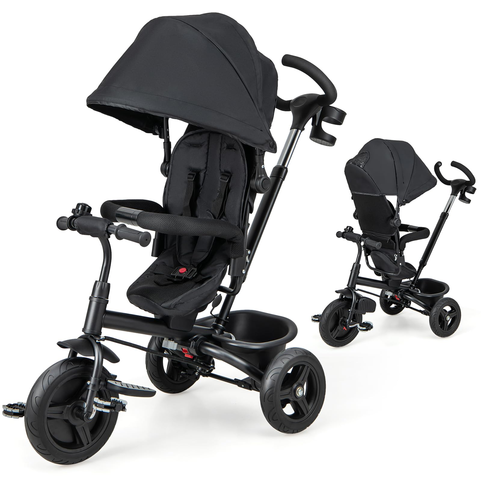 HONEY JOY 6-in-1 Kids Tricycle Stroller with Adjustable Push Handle & Canopy - Reversible Seat, Safety Belt, Folding Pedals, Cup Holder & Storage - Toddler Tricycle for Ages 9 Months to 5 Years (Black) | Perfect for Park Rides, Outdoor Play & Family Walks