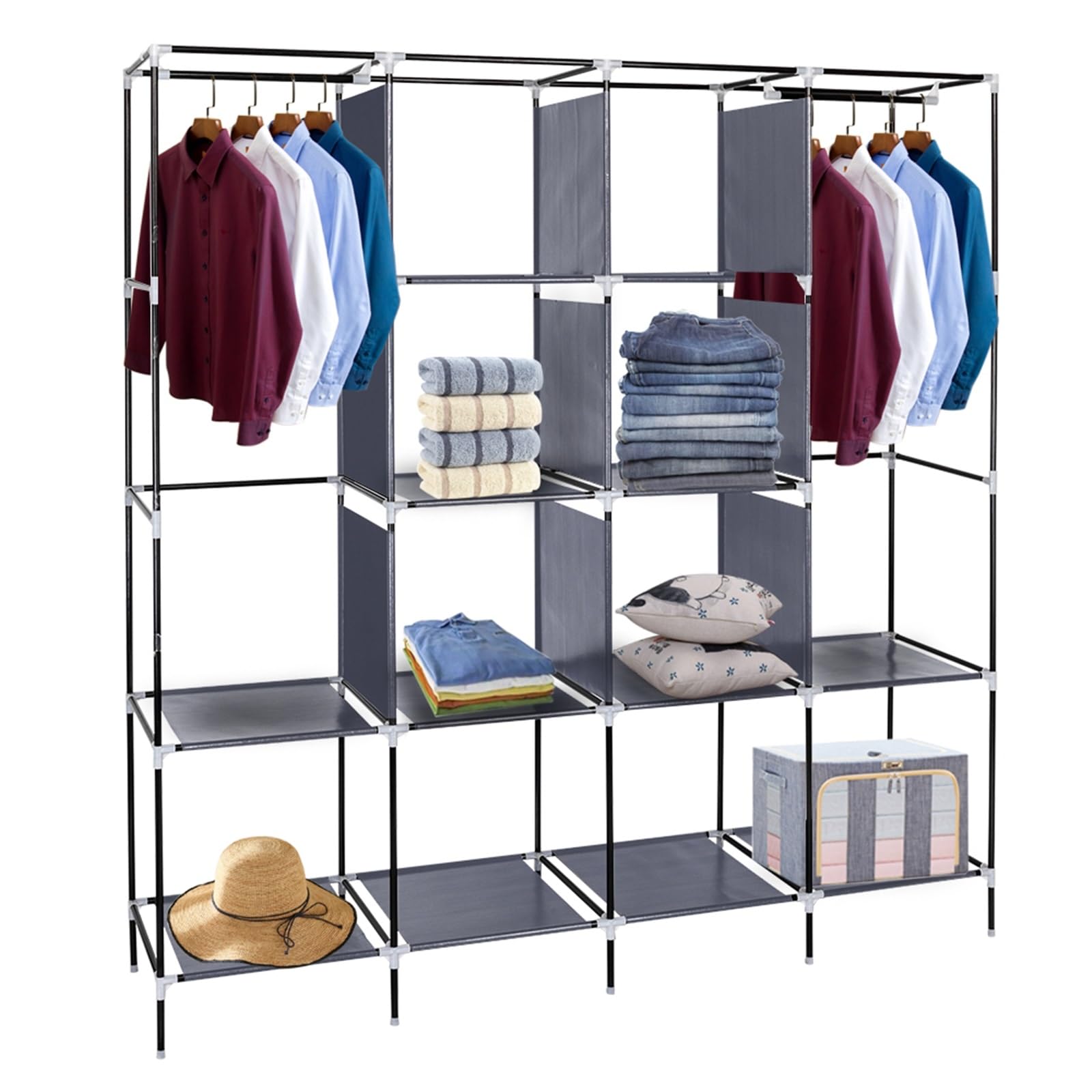 Portable Wardrobe Closet with 12 Shelves & 4 Side Pockets - Foldable Clothes Storage Organizer for Bedroom, Durable Hanging Garment Rack - Perfect for Small Spaces, Dorm Rooms & Closet Organization