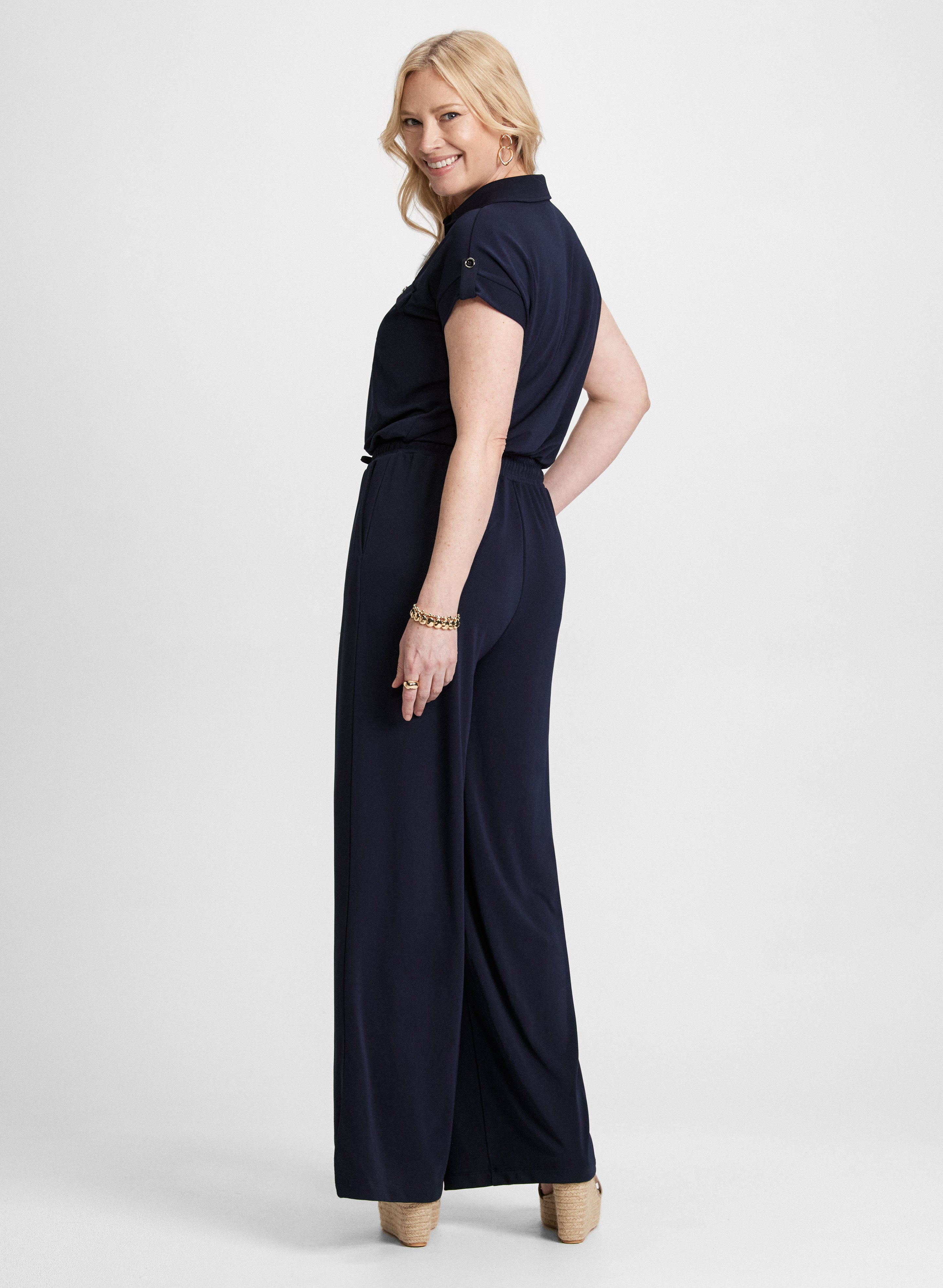 Stylish Button Down Jersey Jumpsuit for Women - Comfortable Casual Romper with Pockets - Perfect for Summer Outings, Beach Vacations & Weekend Brunch