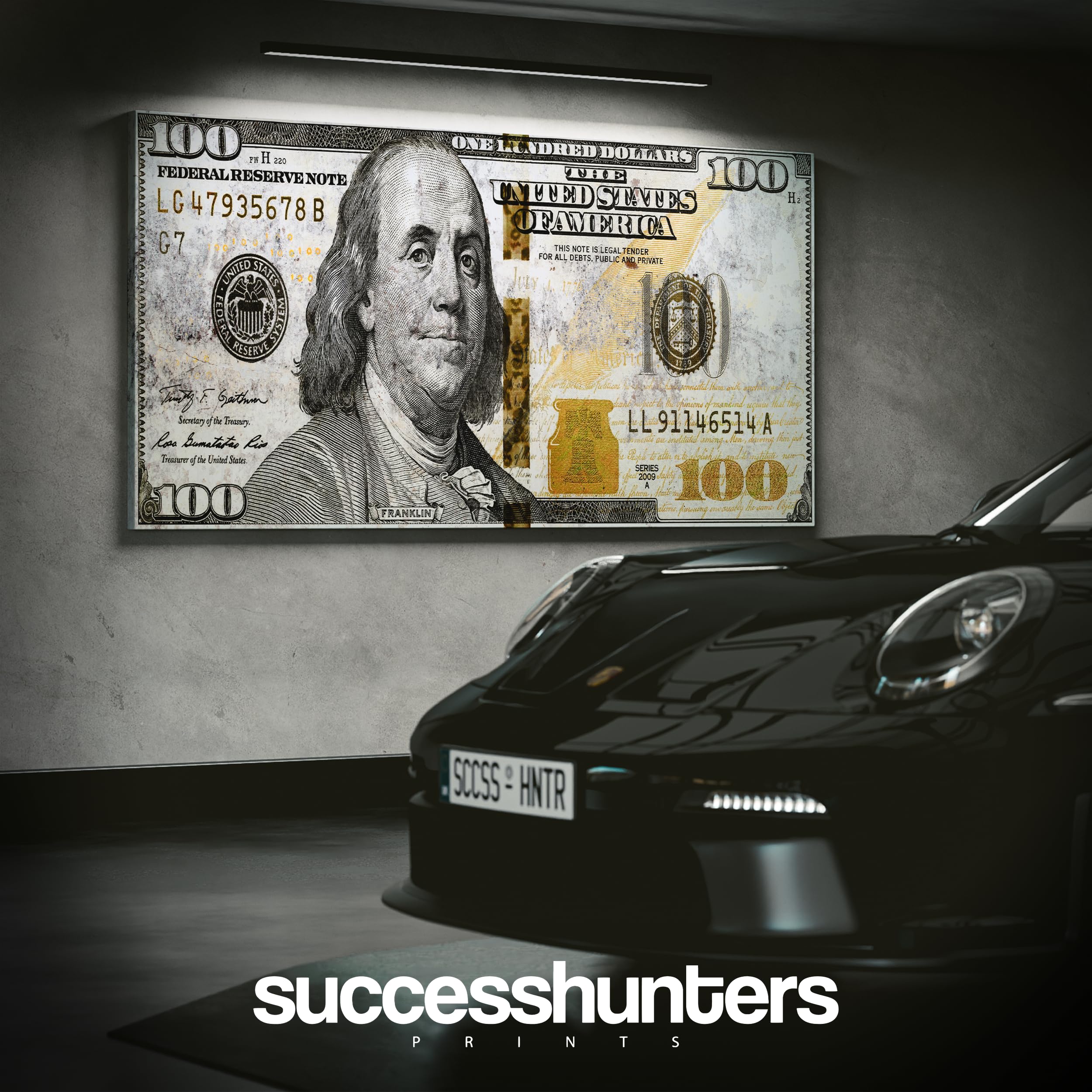 Golden 100 Dollar Bill Wall Art Canvas Print - Office Decor & Money Motivation - Gold Money Artwork, Marble Money Sign (15